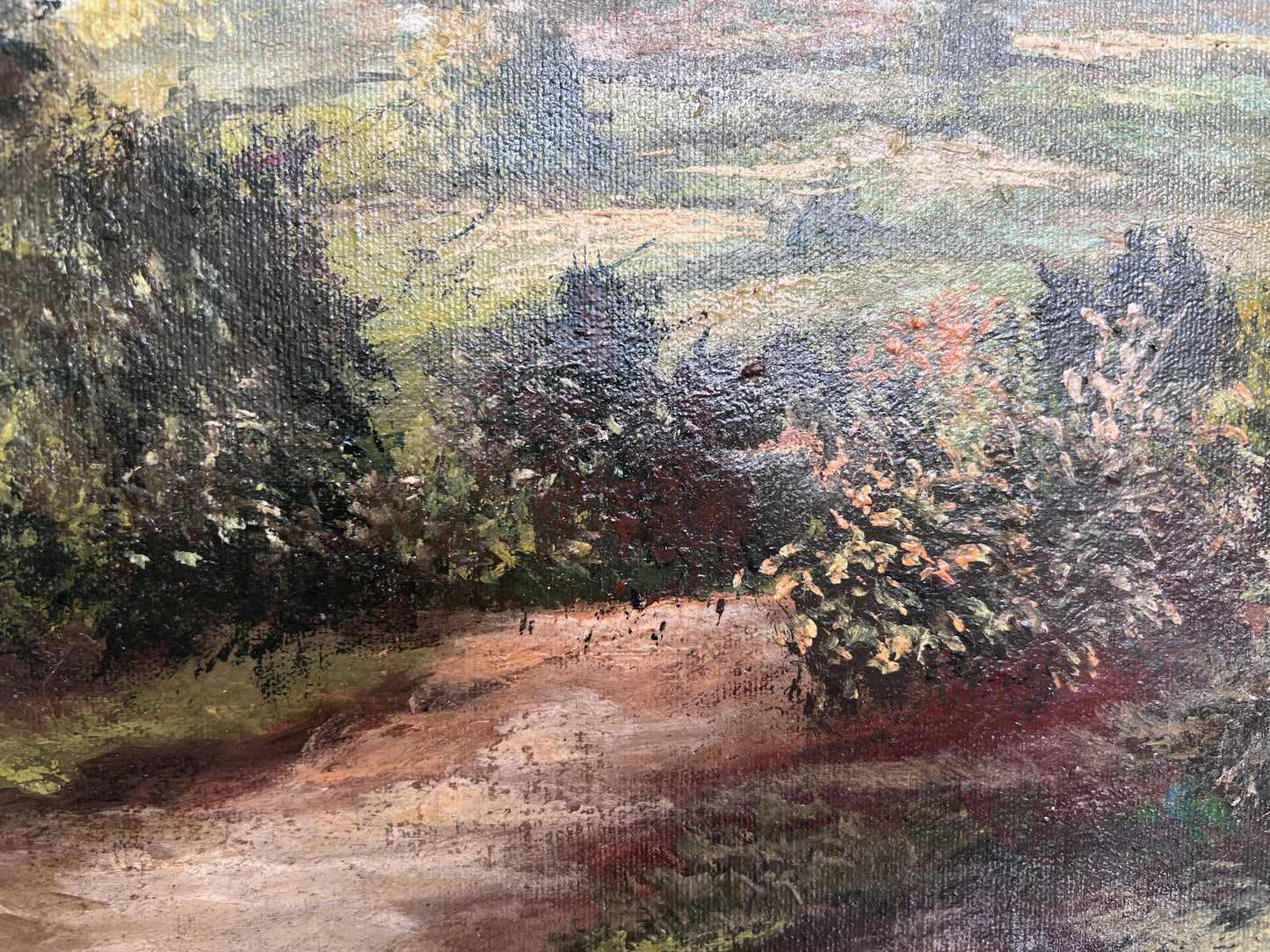 Antique Oil Painting Countryside Cottage Landscape Signed M.D. Chin – Framed