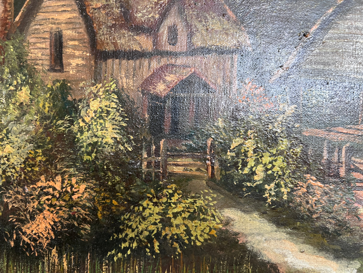 Antique Oil Painting Countryside Cottage Landscape Signed M.D. Chin – Framed