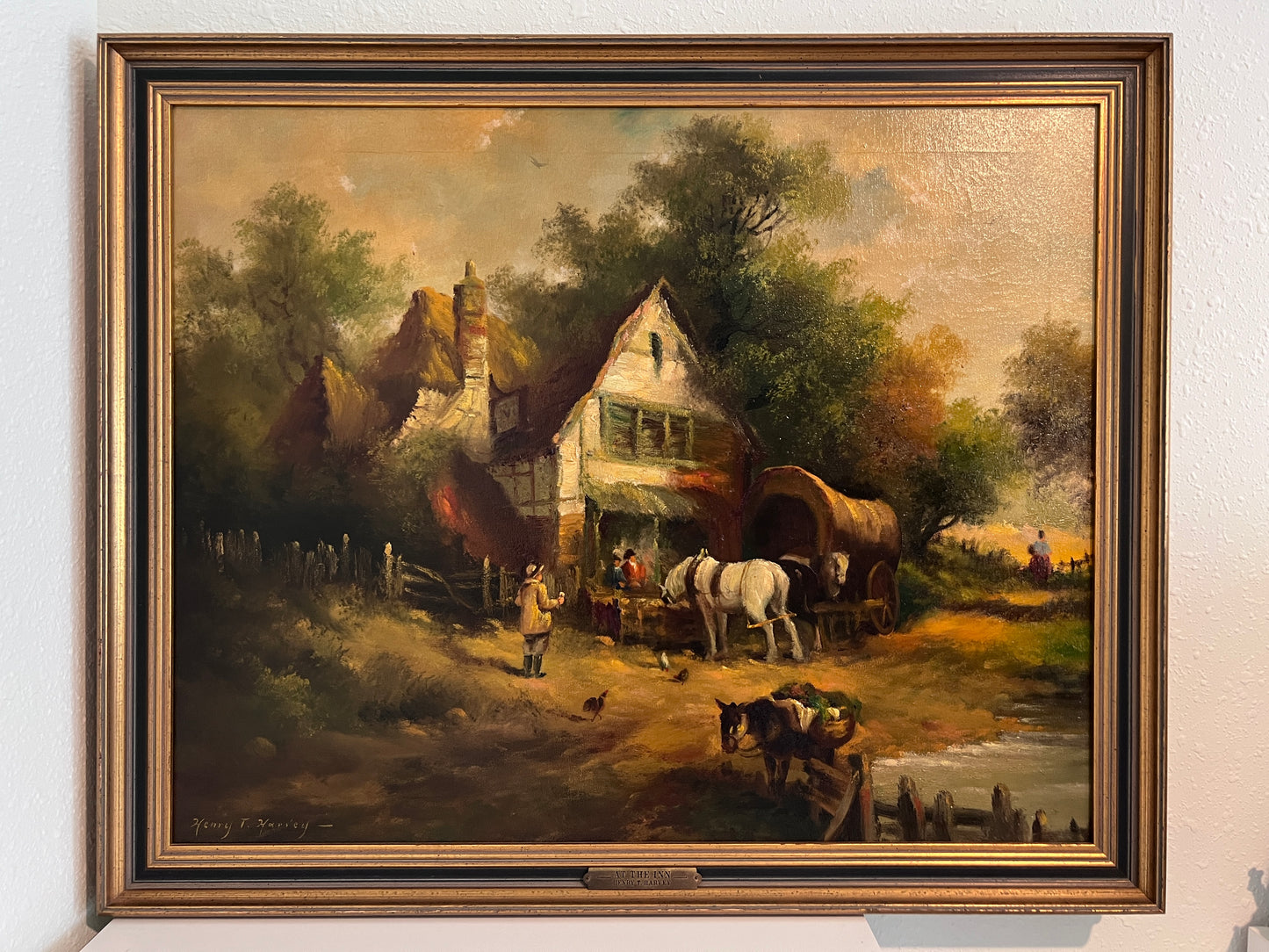 ✨ “At The Inn” by Henry T. Harvey – Vintage Oil Painting on Canvas, Framed