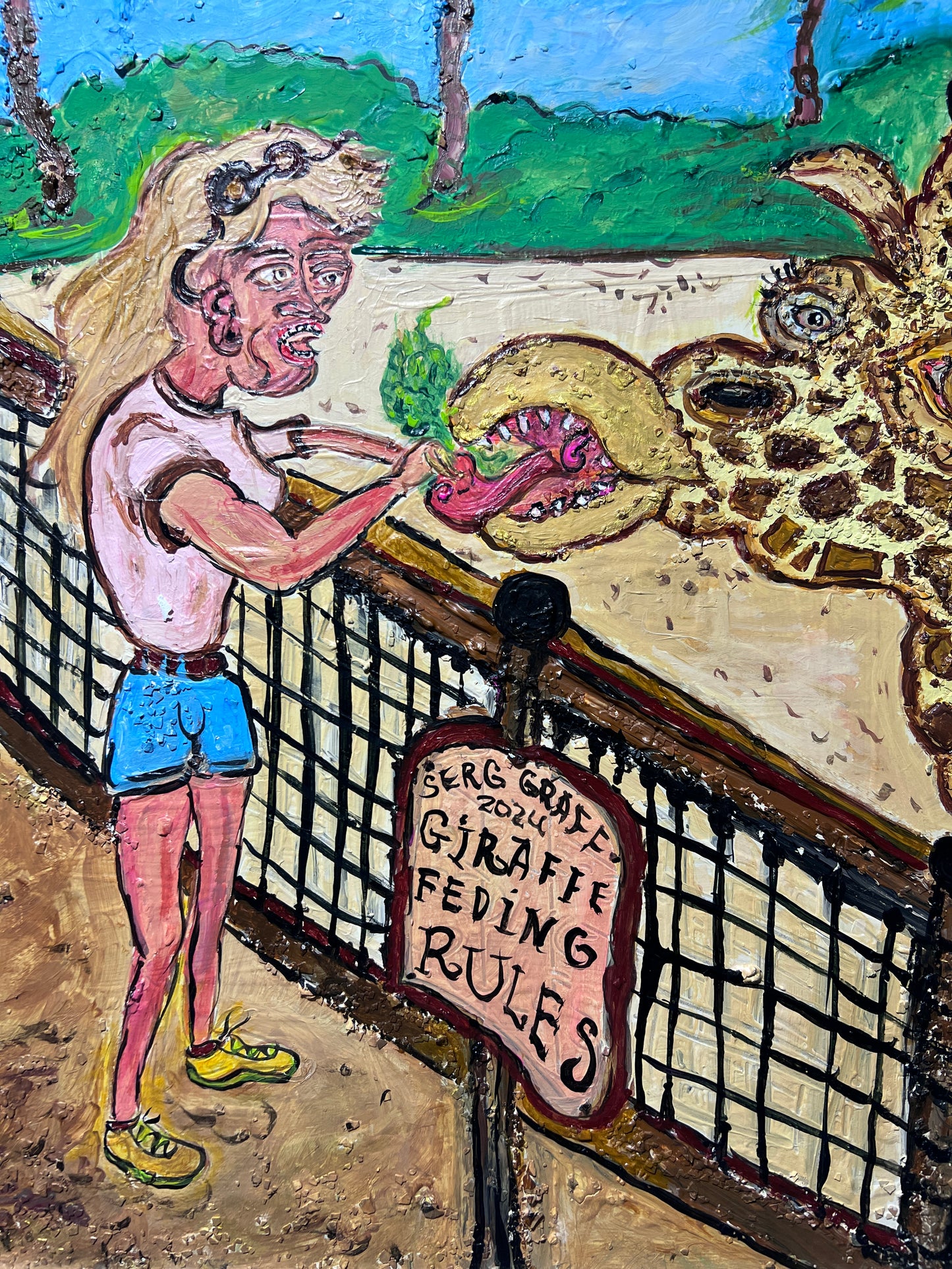 One-of-a-kind Painting on Board , Titled "Hungry Giraffe" by Serg Graff, COA