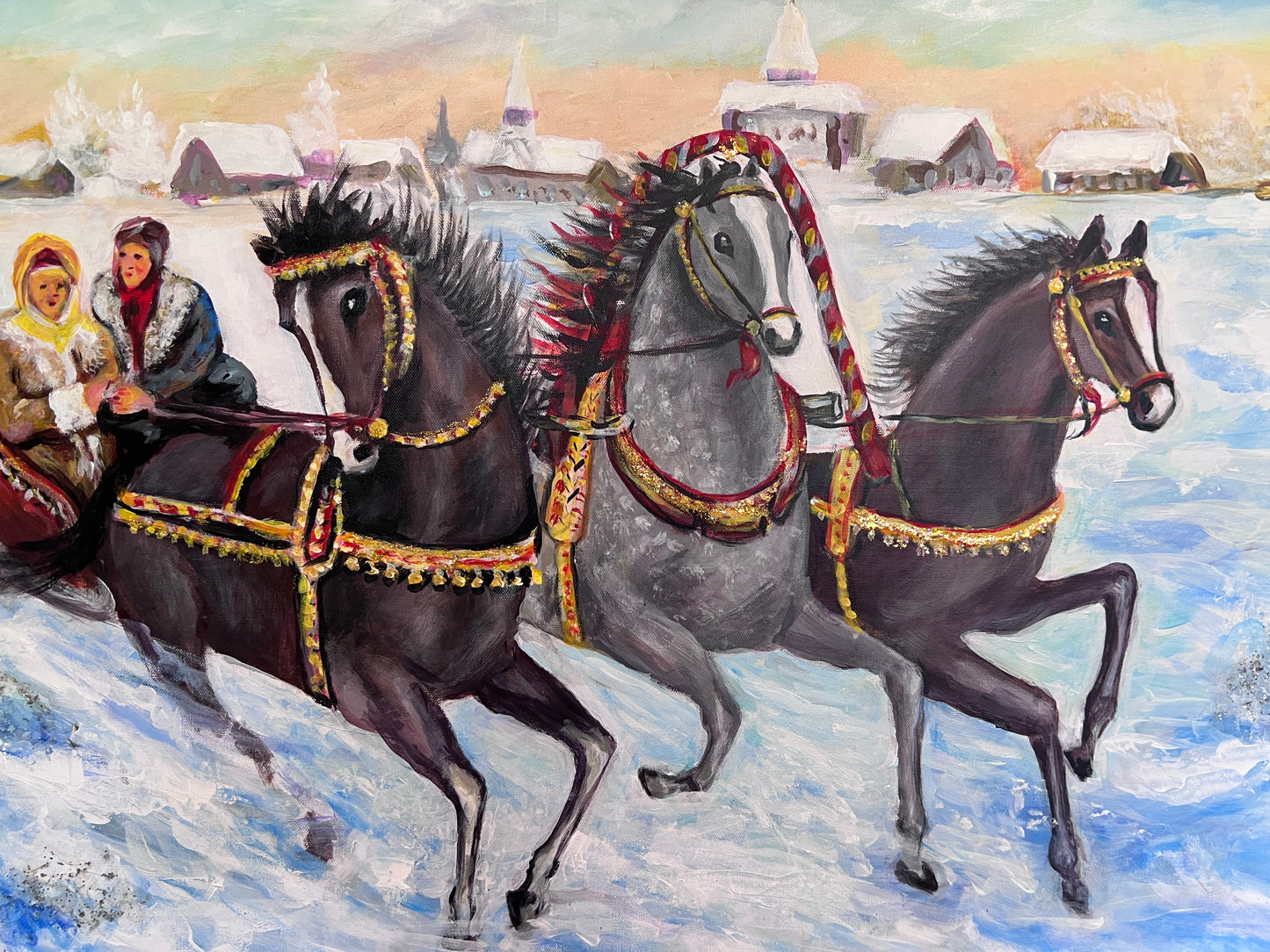 Winter Troika Ride – Original Oil Painting by Max Shekhter (b. 1938) Gold Frame