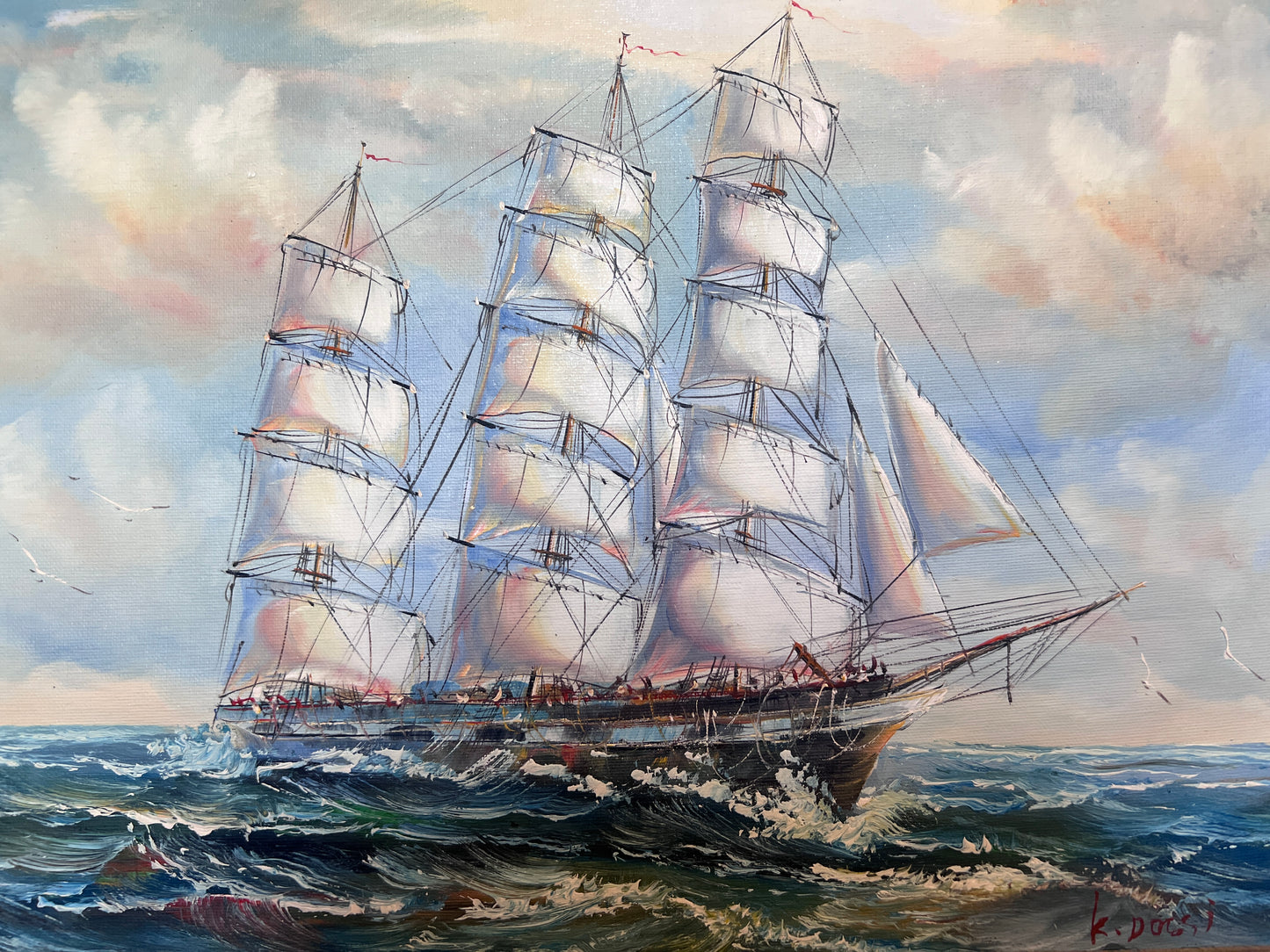 Framed Nautical Seascape Oil Painting Signed K. Dossi Maritime Ship Artwork