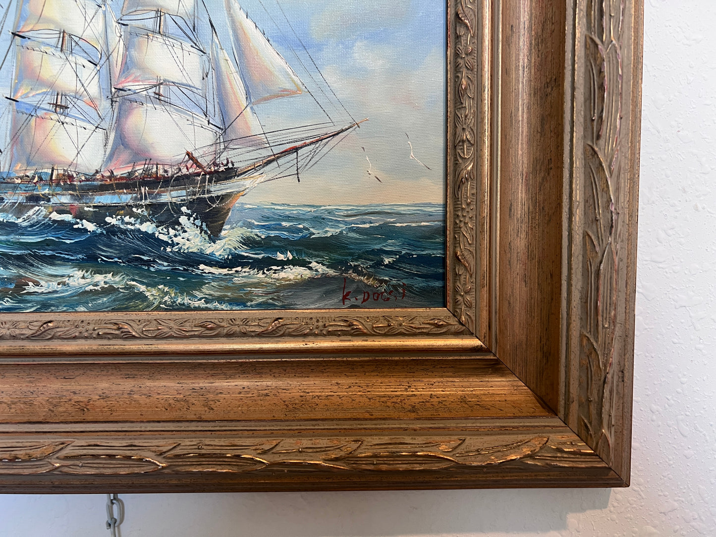 Framed Nautical Seascape Oil Painting Signed K. Dossi Maritime Ship Artwork