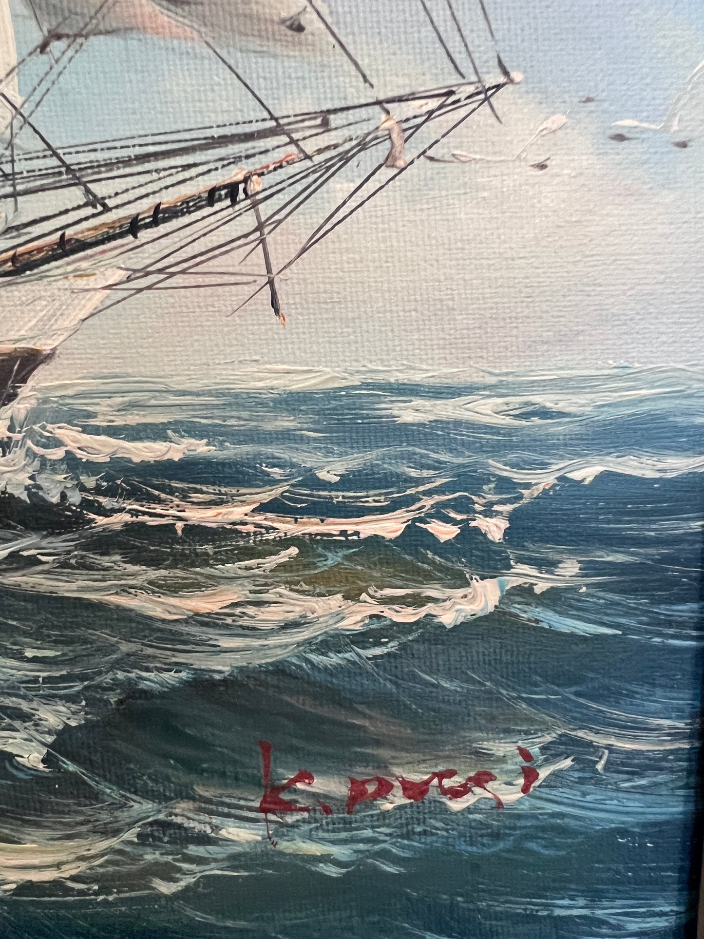 Framed Nautical Seascape Oil Painting by K. Dossi Maritime Ship Artwork