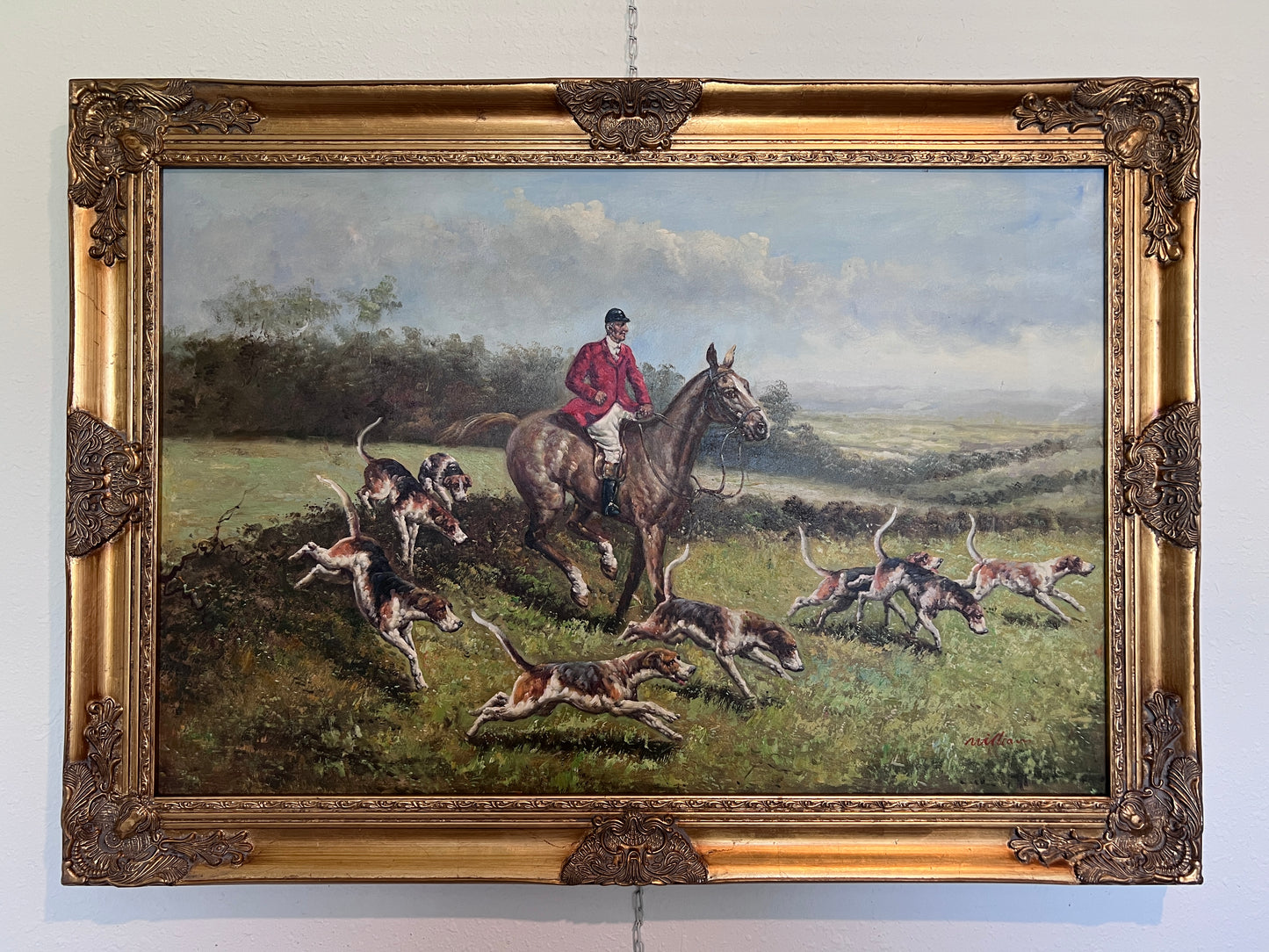 English Fox Hunting Scene Horse Hounds Oil Painting Signed William Framed