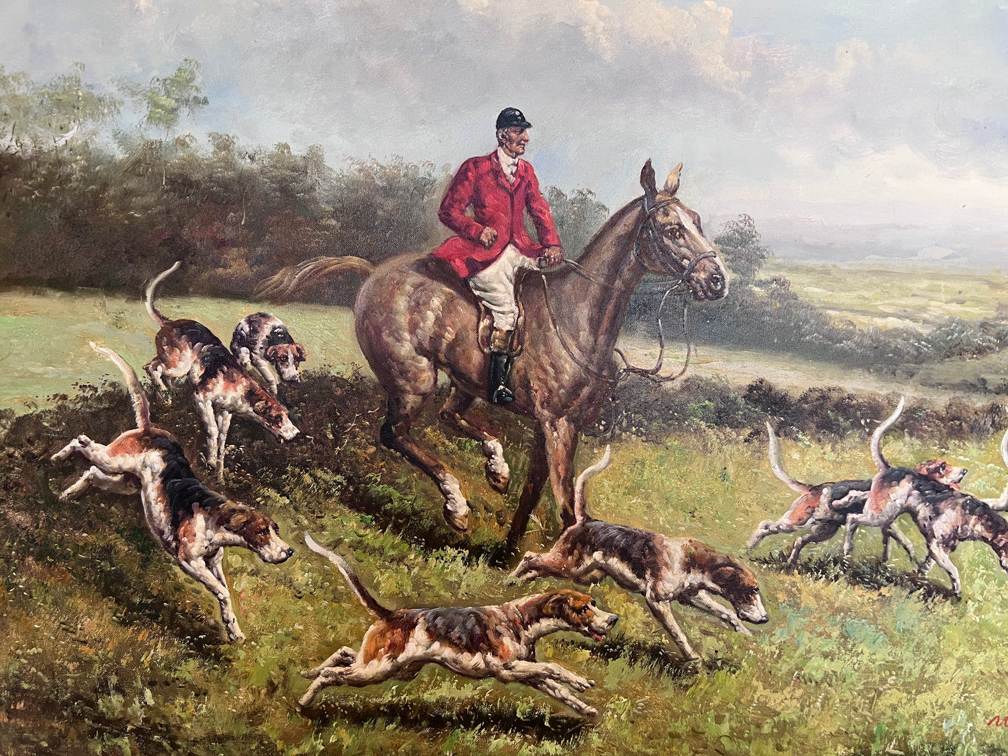 English Fox Hunting Scene Horse Hounds Oil Painting Signed William Framed