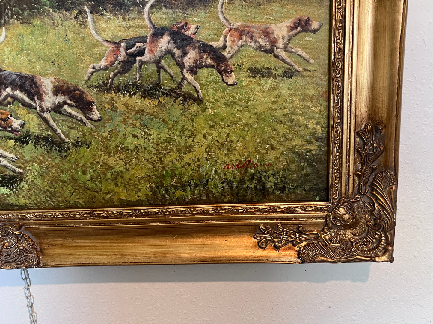 English Fox Hunting Scene Horse Hounds Oil Painting Signed William Framed