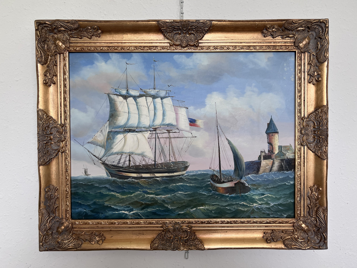 Vintage Oil Painting Clipper Ship American Flag Nautical Maritime Seascape