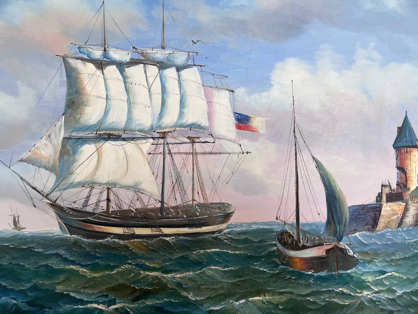 Vintage Oil Painting Clipper Ship American Flag Nautical Maritime Seascape
