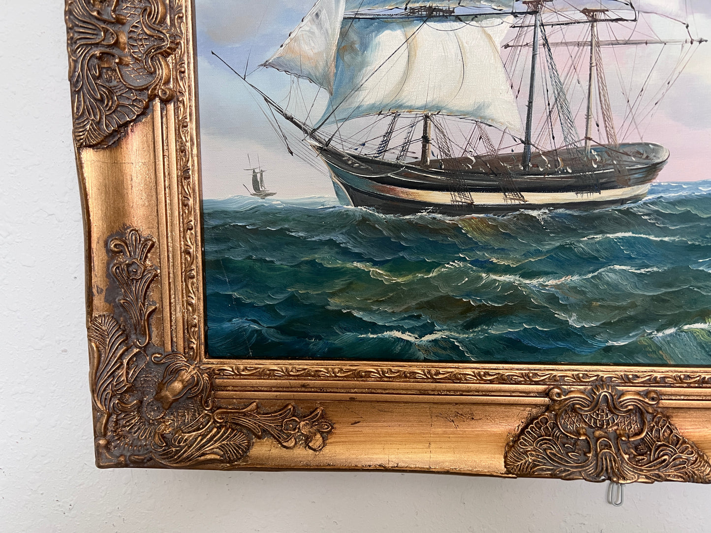 Vintage Oil Painting Clipper Ship American Flag Nautical Maritime Seascape