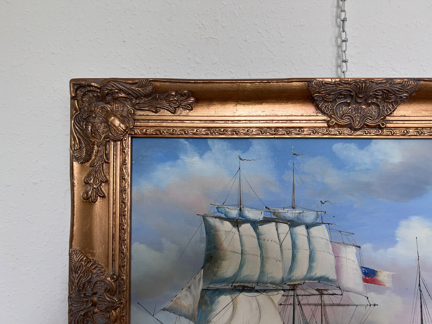 Vintage Oil Painting Clipper Ship American Flag Nautical Maritime Seascape