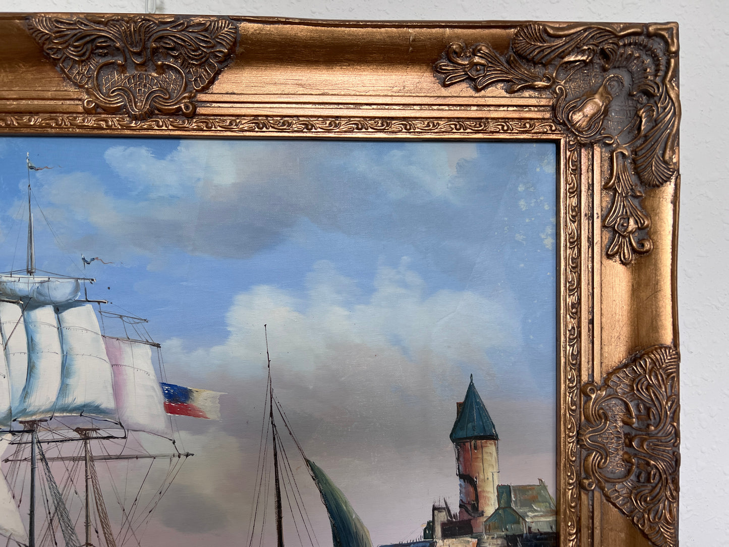 Vintage Oil Painting Clipper Ship American Flag Nautical Maritime Seascape