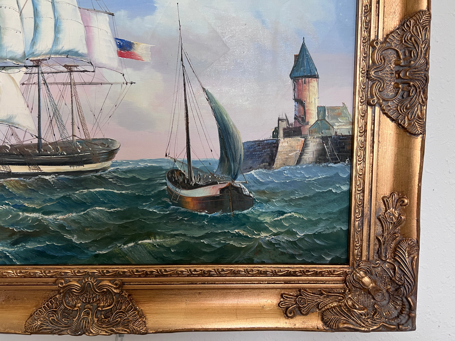 Vintage Oil Painting Clipper Ship American Flag Nautical Maritime Seascape