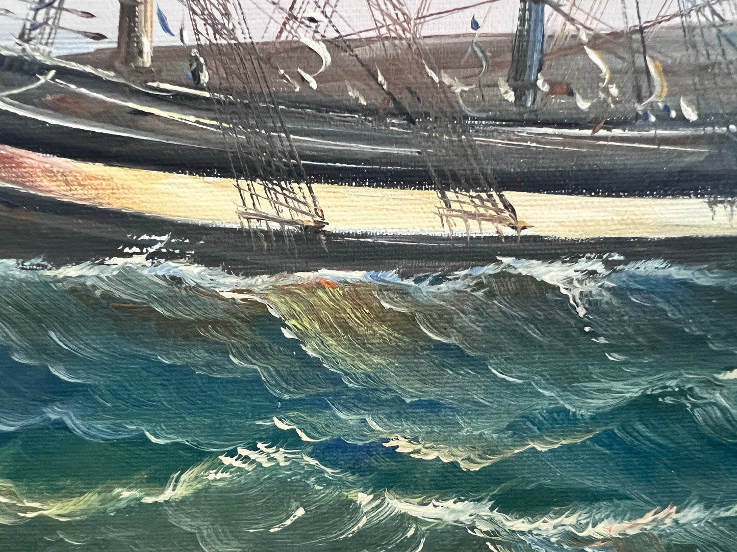 Vintage Oil Painting Clipper Ship American Flag Nautical Maritime Seascape