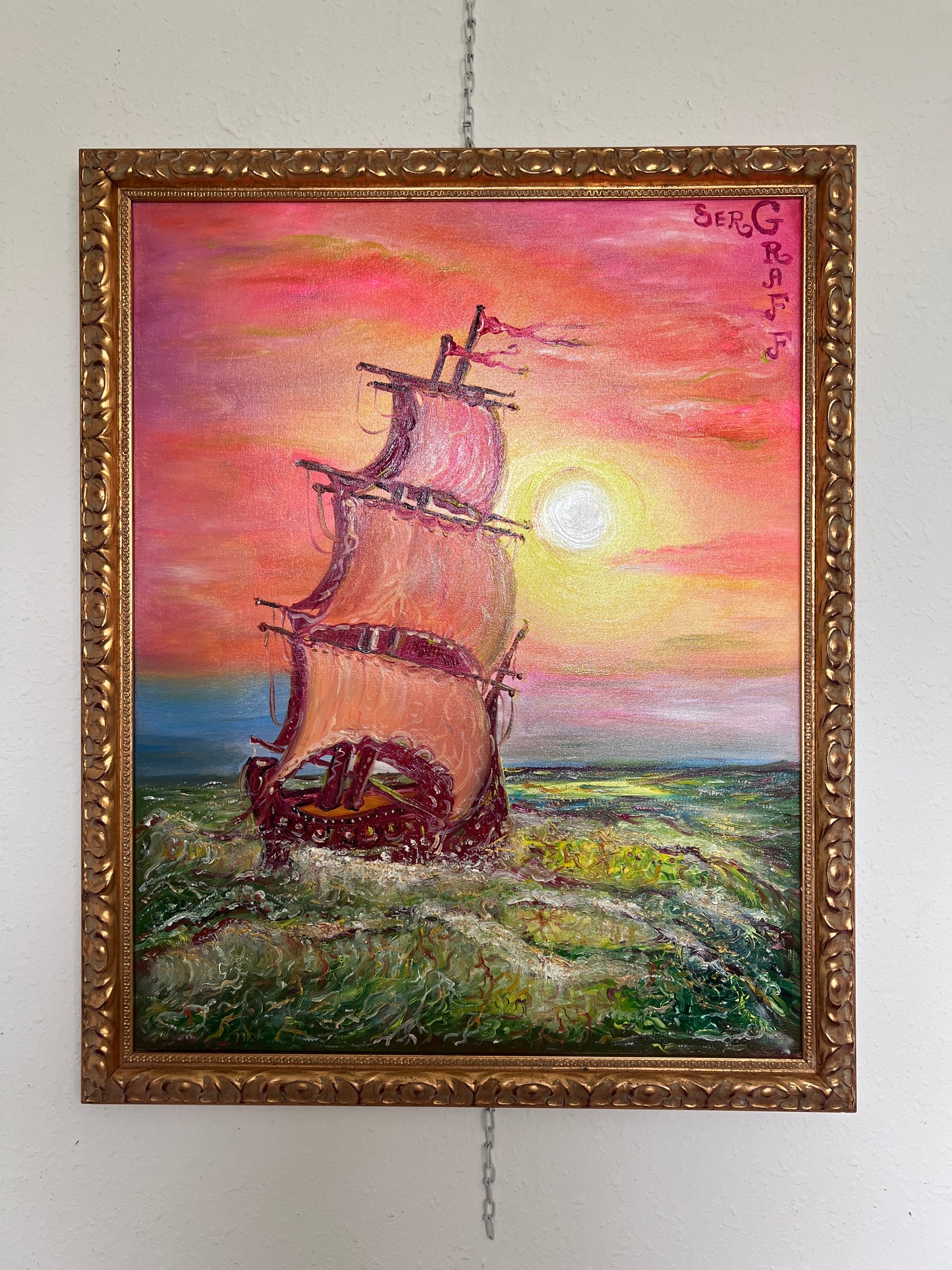 Original Oil Painting on Canvas by Serg Graff, "Ship" Sunset Sea Ocean, COA