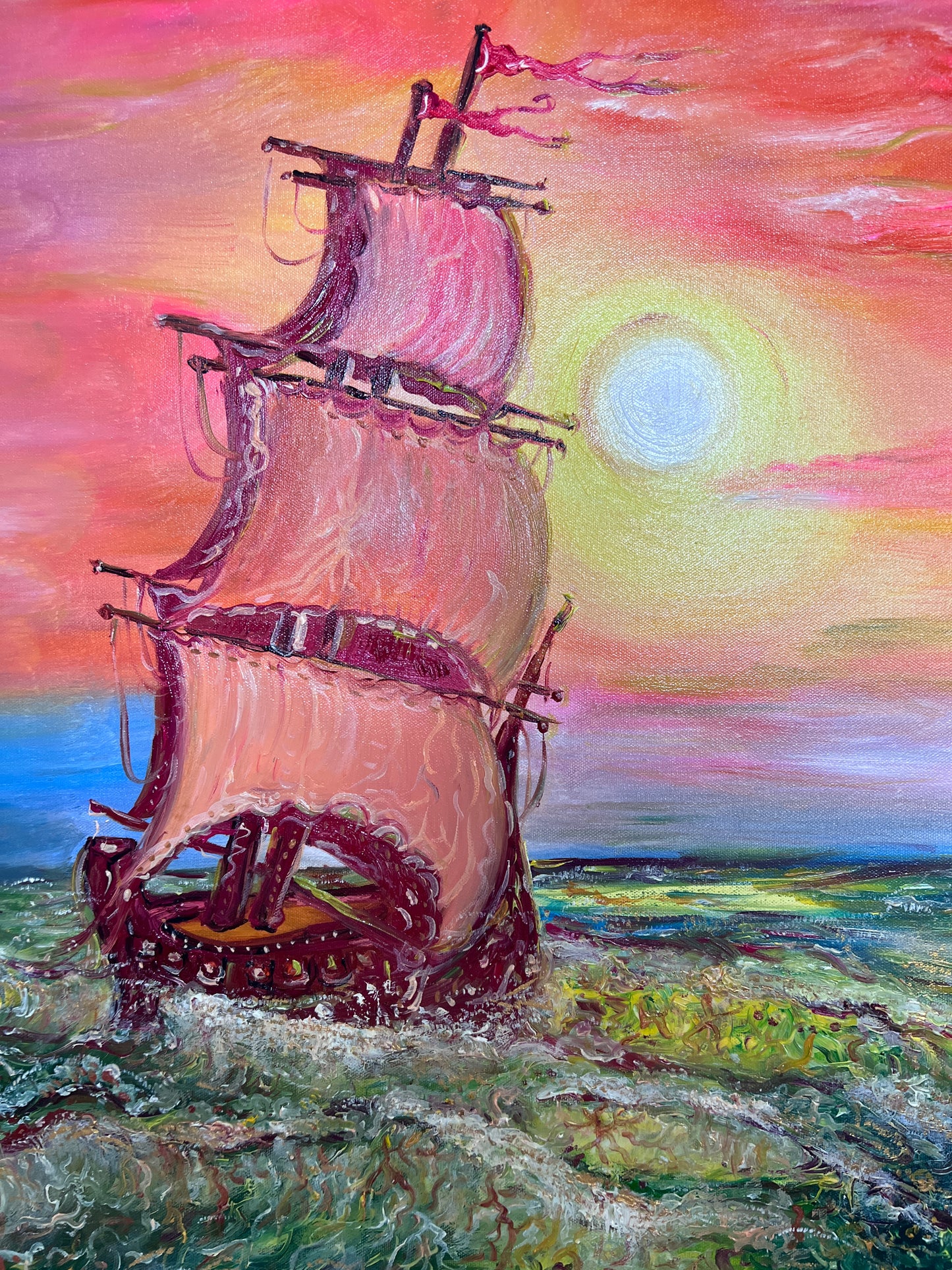 Original Oil Painting on Canvas by Serg Graff, "Ship" Sunset Sea Ocean, COA