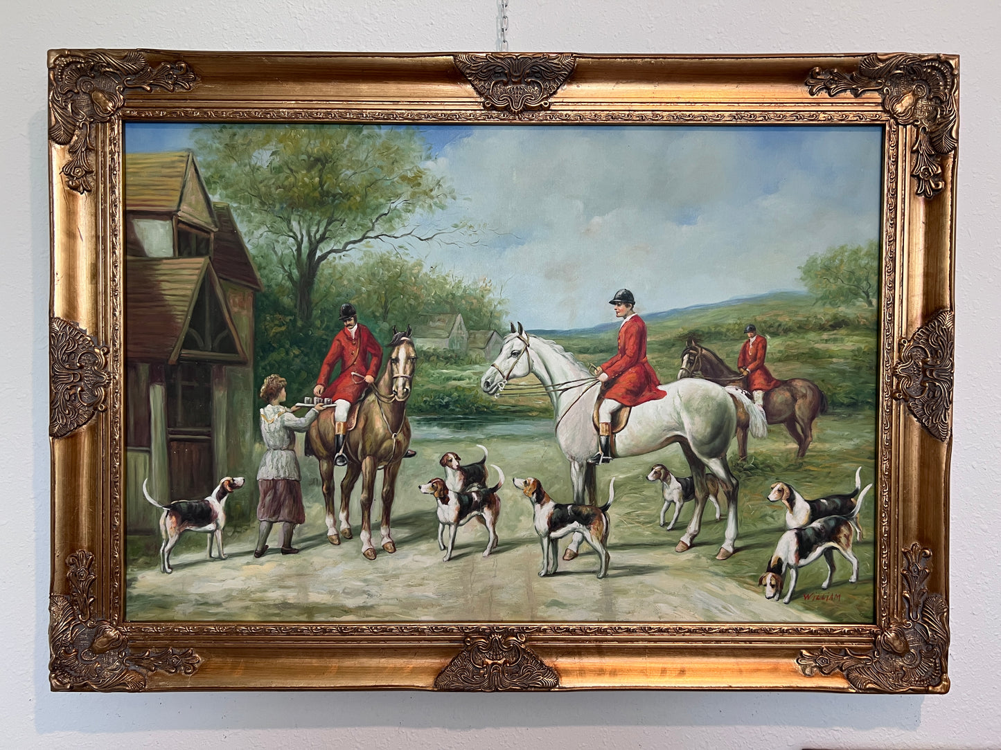 English Fox Hunting Scene Horse Hounds Oil Painting Signed William Framed
