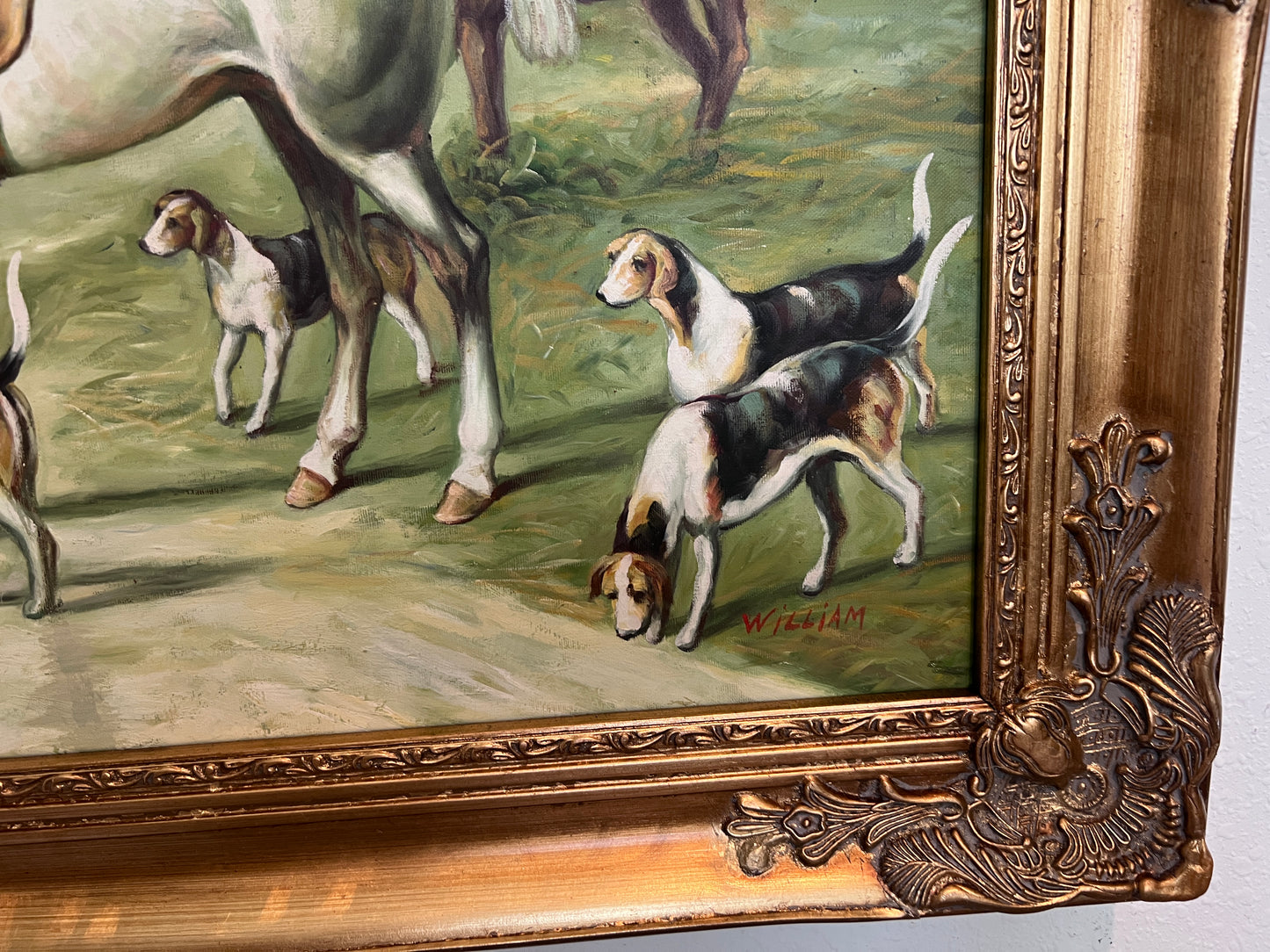 English Fox Hunting Scene Horse Hounds Oil Painting Signed William Framed