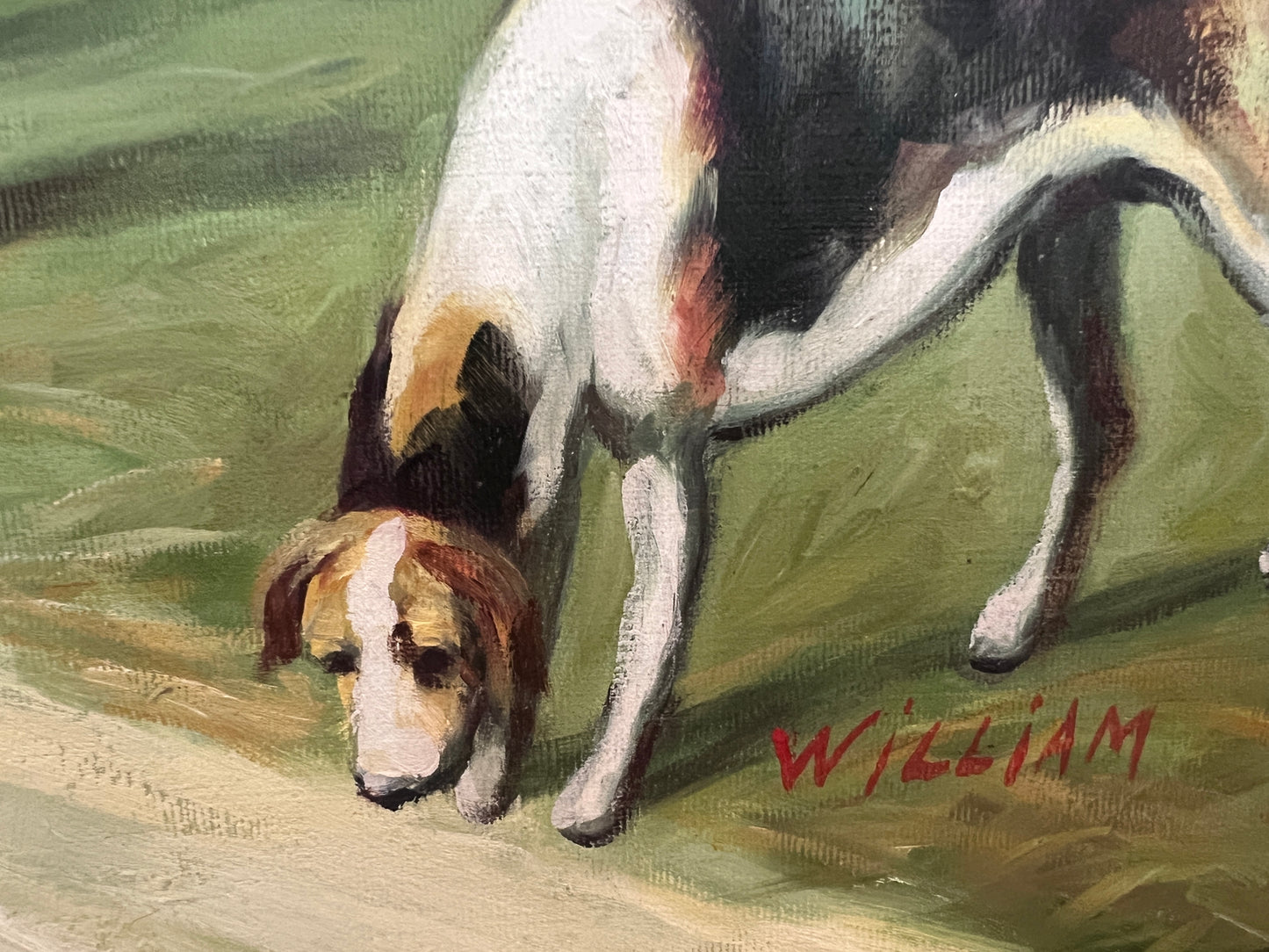 English Fox Hunting Scene Horse Hounds Oil Painting Signed William Framed