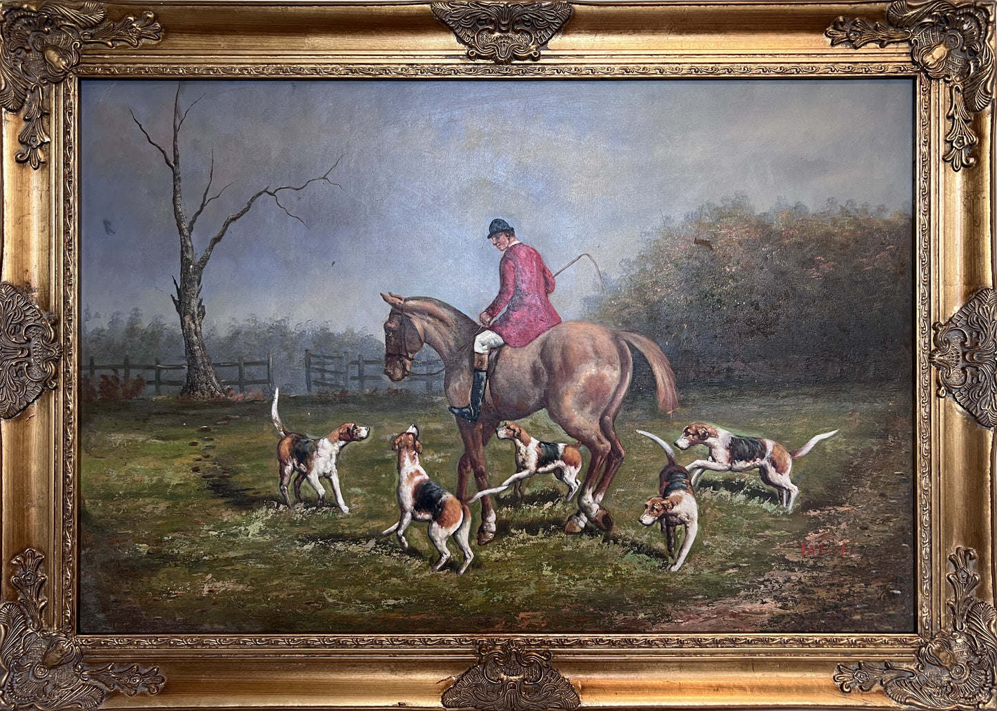 English Fox Hunting Scene Horse Hounds Oil Painting Signed Taylor Framed