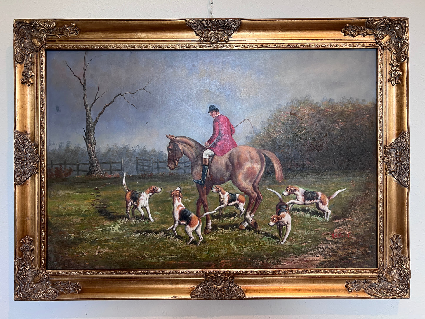 English Fox Hunting Scene Horse Hounds Oil Painting Signed Taylor Framed