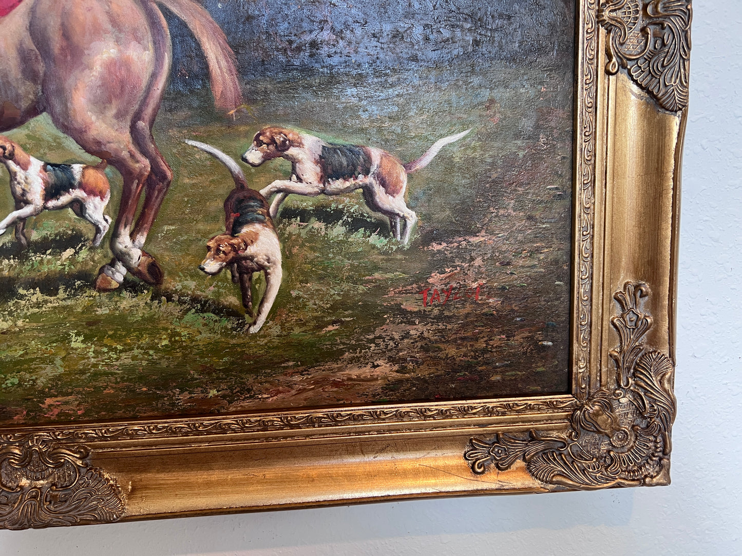 English Fox Hunting Scene Horse Hounds Oil Painting Signed Taylor Framed