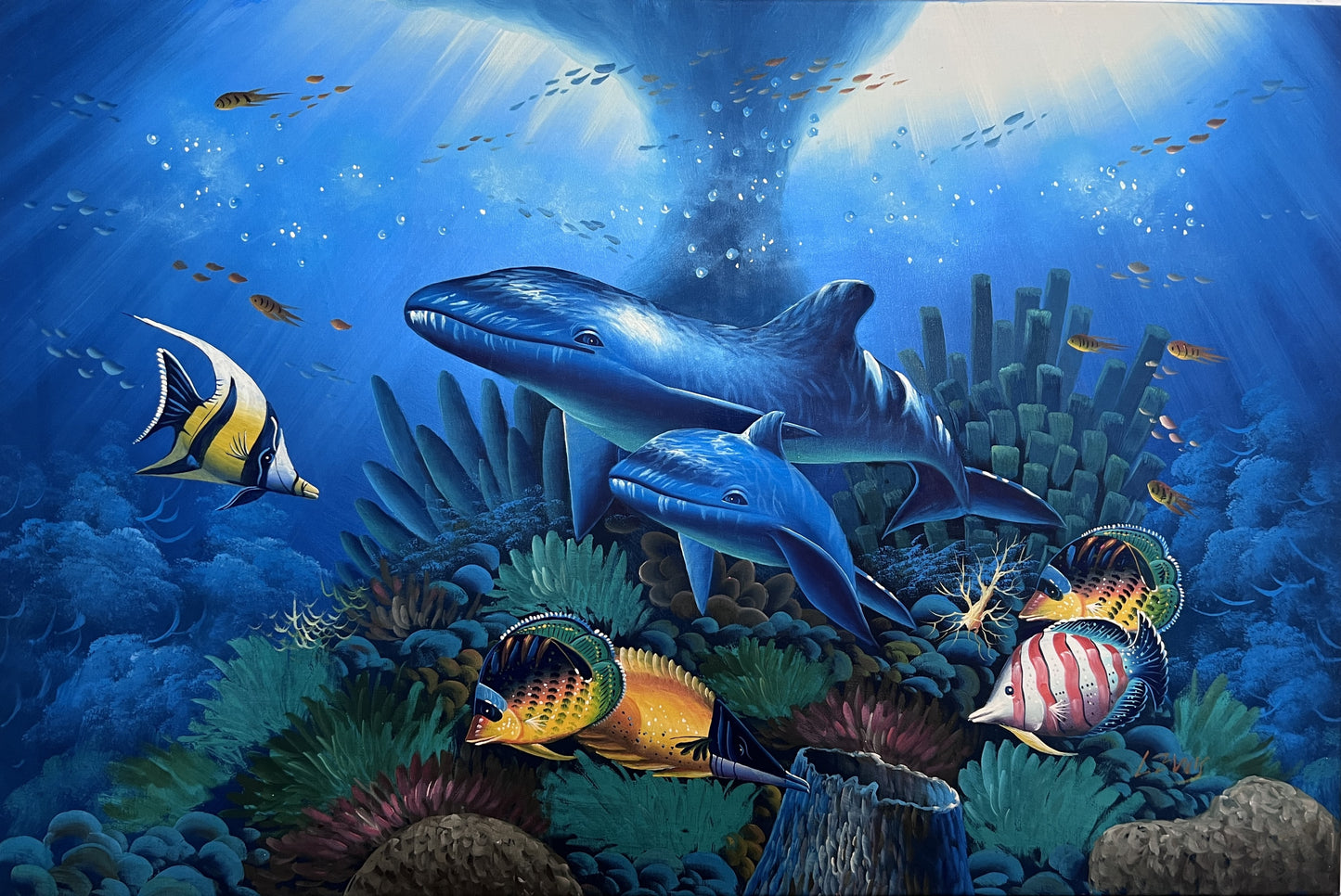 Vibrant Underwater Scene – Acrylic on Canvas Signed “Lewis” – 36"x24" Unframed