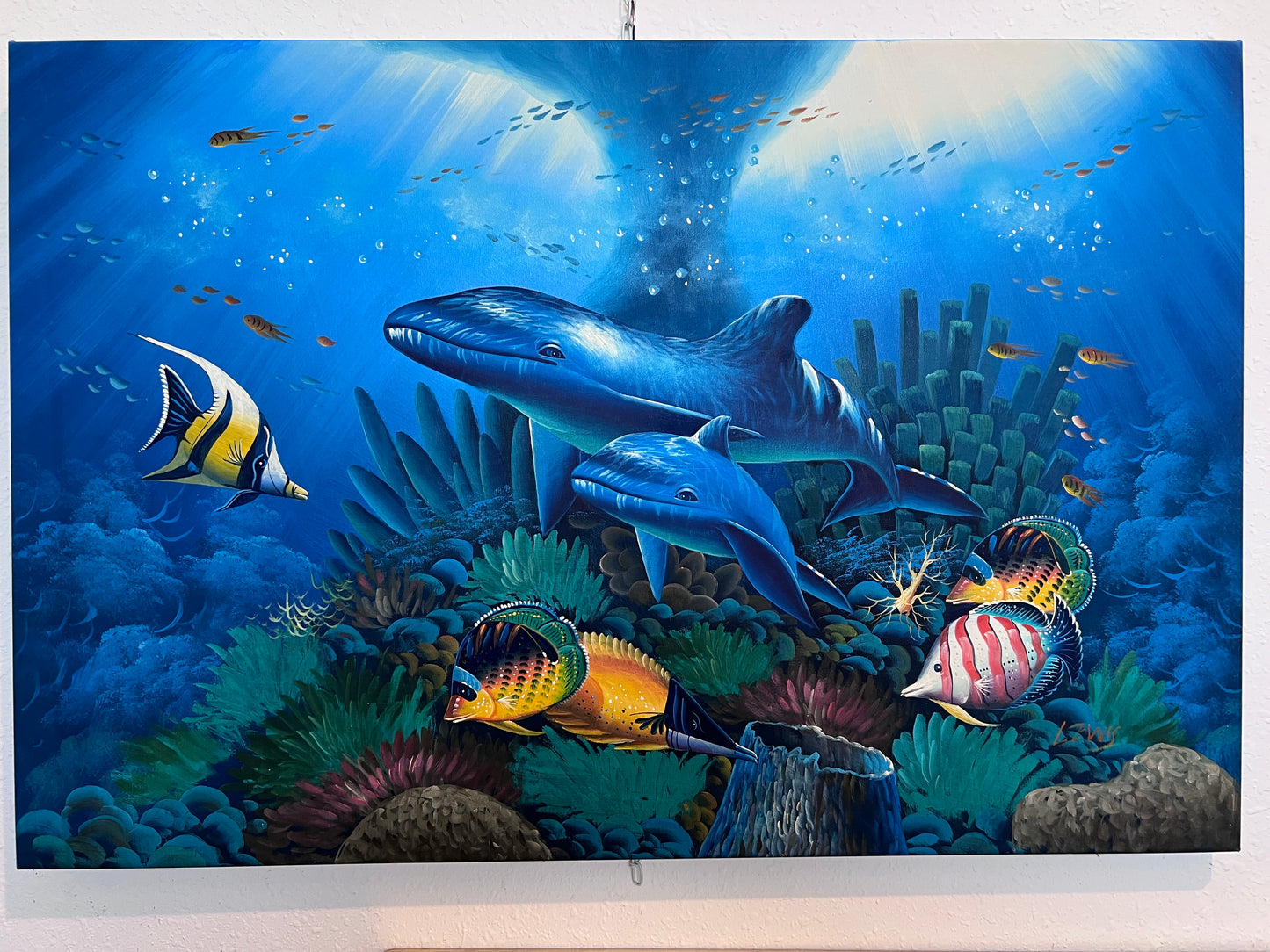 Vibrant Underwater Scene – Acrylic on Canvas Signed “Lewis” – 36"x24" Unframed