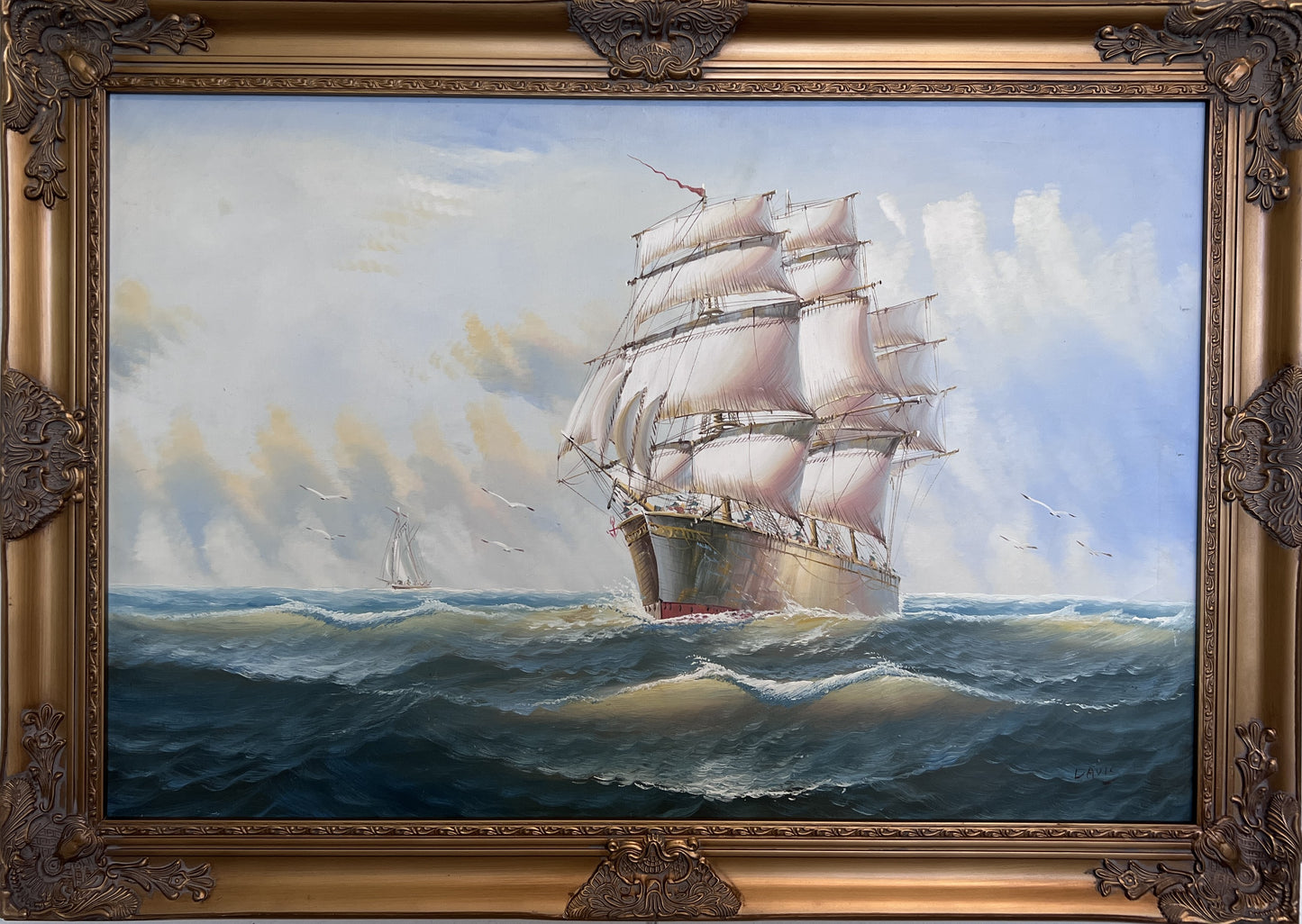 Original Oil painting on canvas seascape, Sailing Ship, signed Davis, Gold Frame