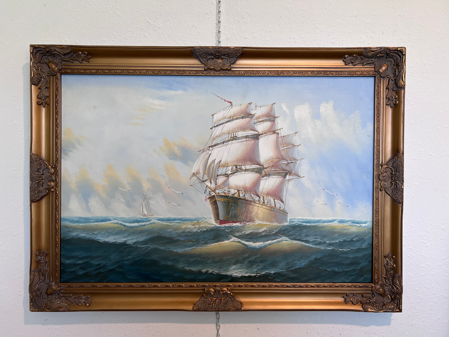 Original Oil painting on canvas seascape, Sailing Ship, signed Davis, Gold Frame
