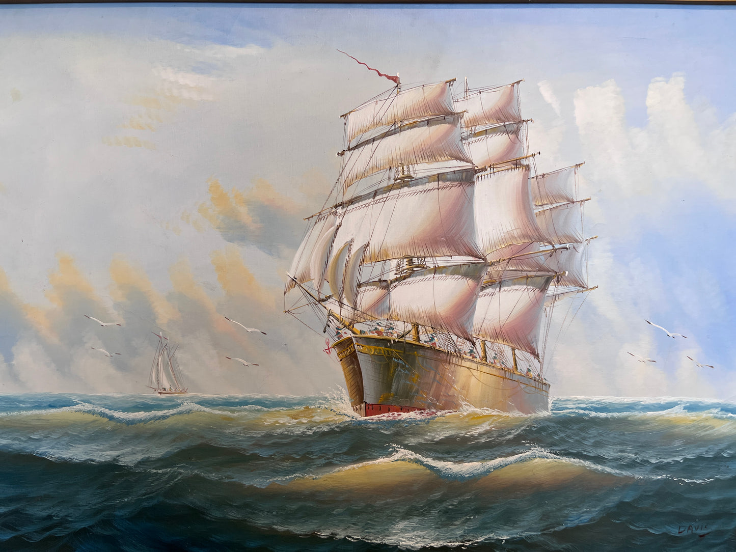 Original Oil painting on canvas seascape, Sailing Ship, signed Davis, Gold Frame