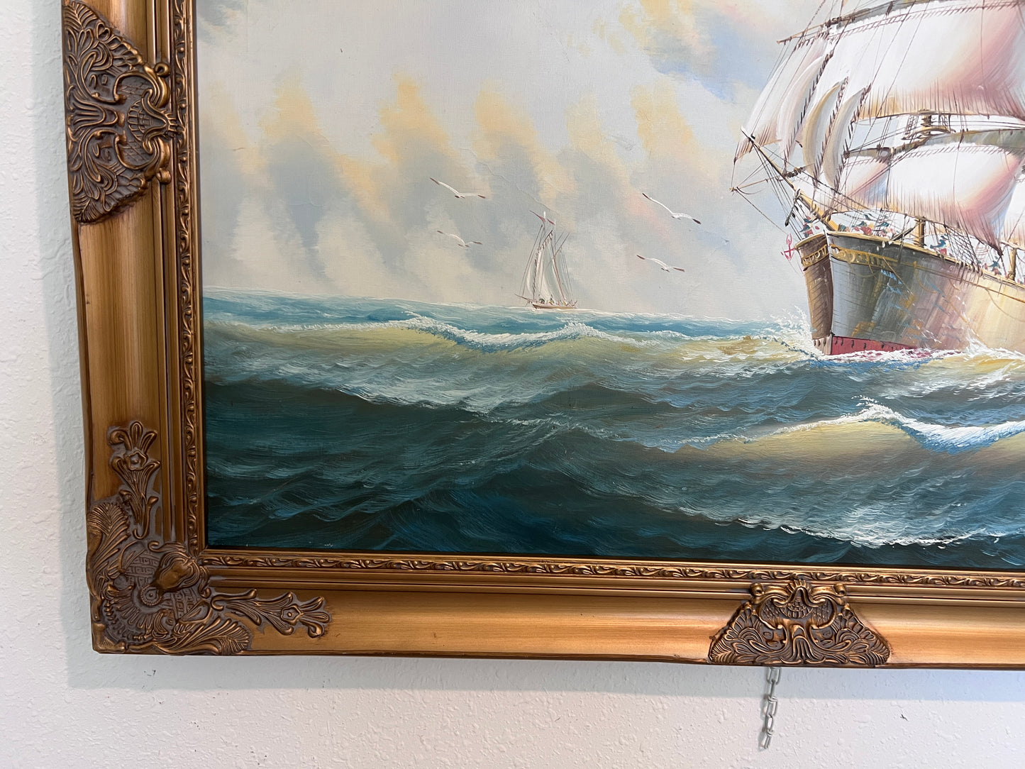 Original Oil painting on canvas seascape, Sailing Ship, signed Davis, Gold Frame
