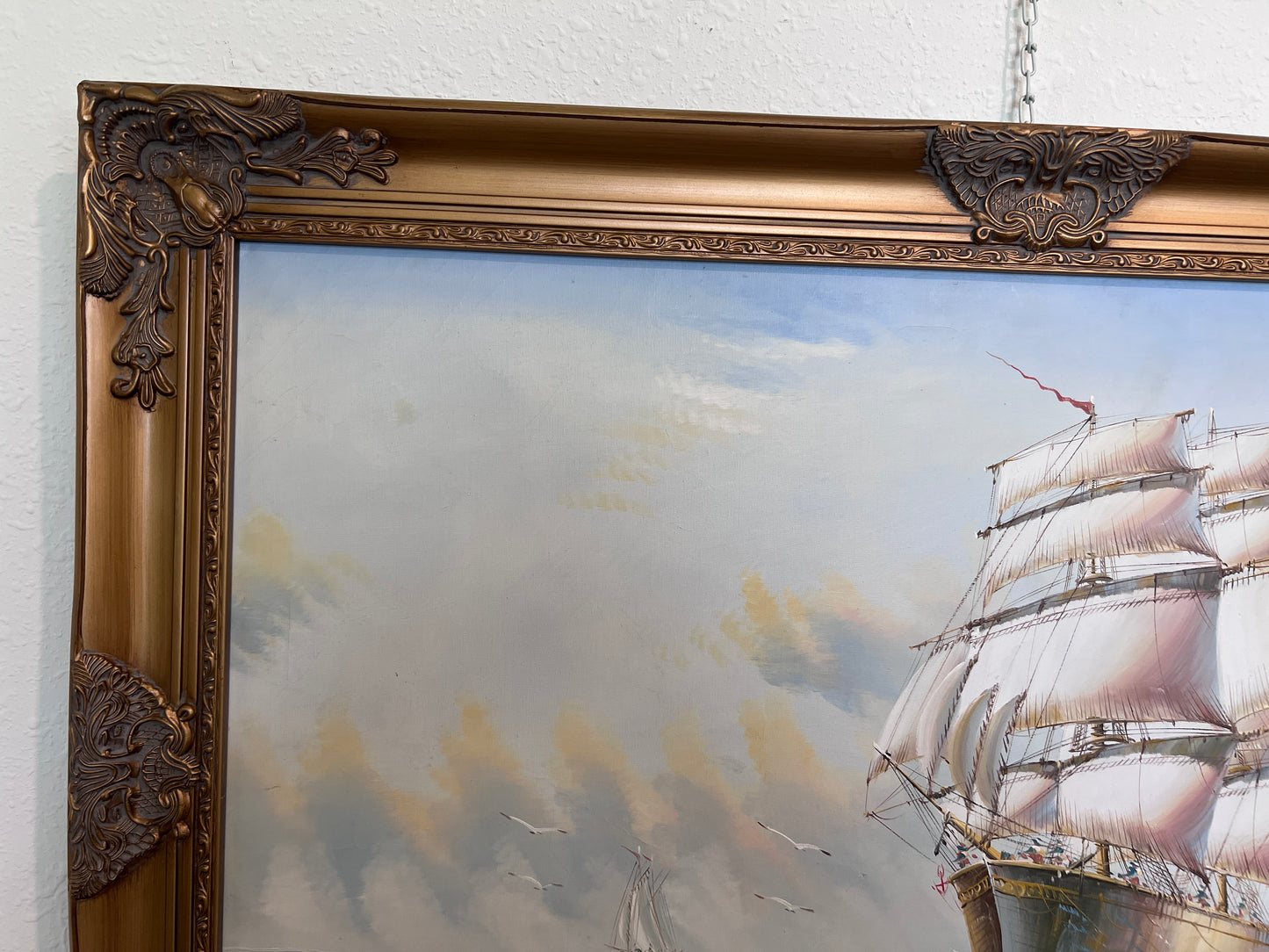 Original Oil painting on canvas seascape, Sailing Ship, signed Davis, Gold Frame