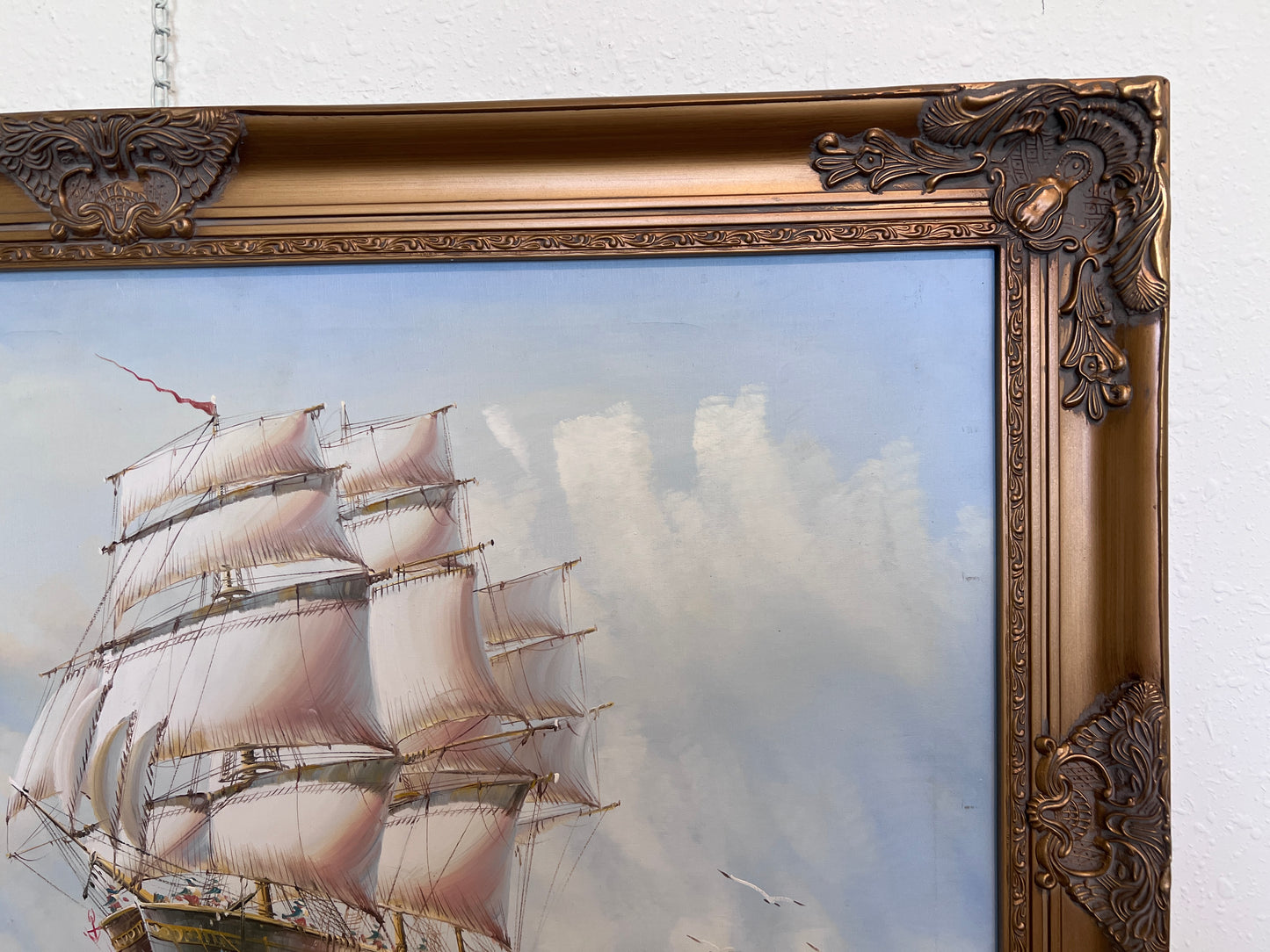 Original Oil painting on canvas seascape, Sailing Ship, signed Davis, Gold Frame