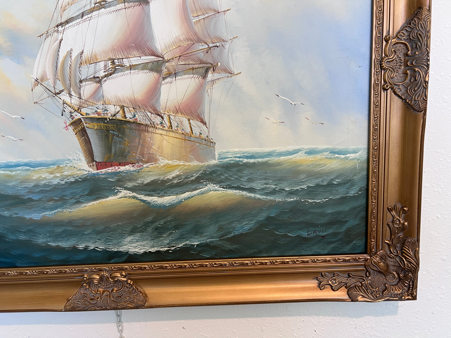 Original Oil painting on canvas seascape, Sailing Ship, signed Davis, Gold Frame