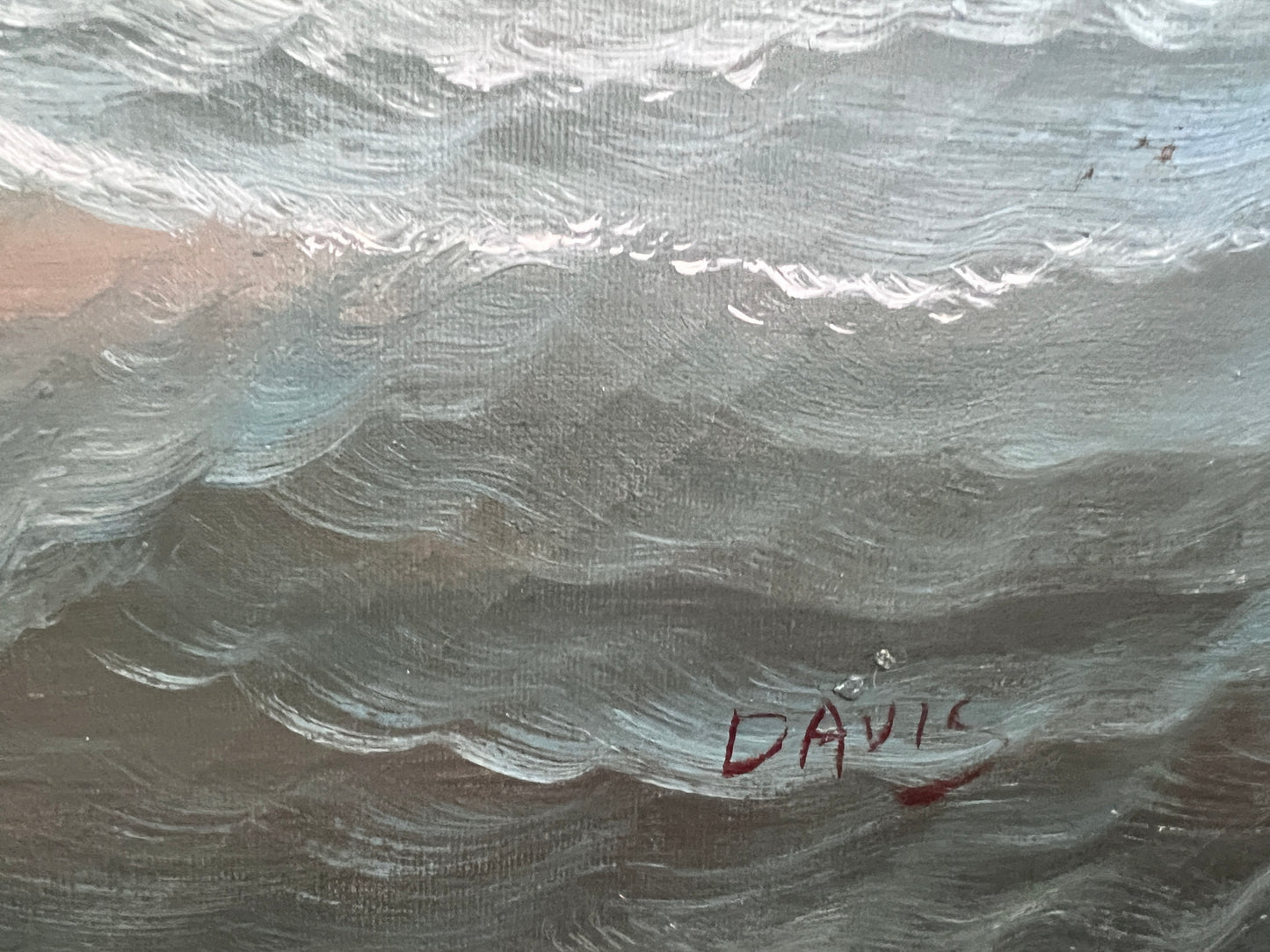 Original Oil painting on canvas seascape, Sailing Ship, signed Davis, Gold Frame