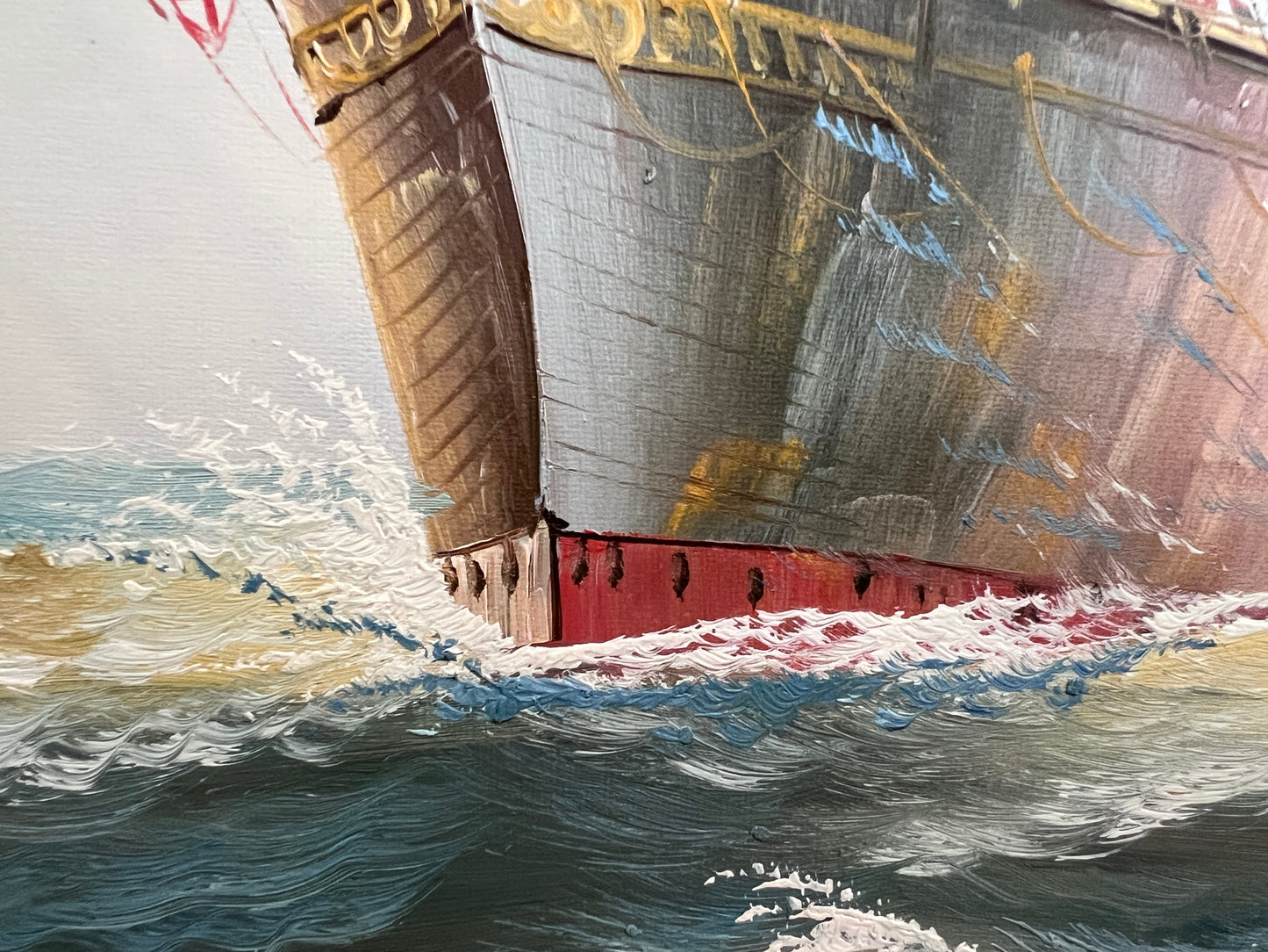 Original Oil painting on canvas seascape, Sailing Ship, signed Davis, Gold Frame