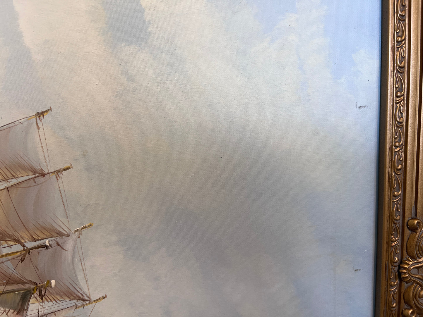Original Oil painting on canvas seascape, Sailing Ship, signed Davis, Gold Frame