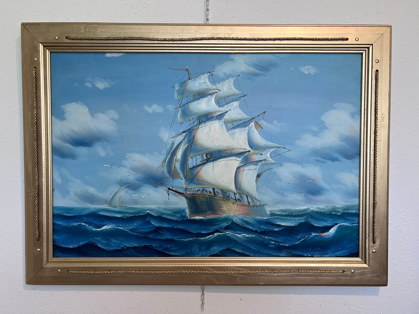 Original Oil painting on canvas seascape, Sailing Ship, signed Also, Gold Frame