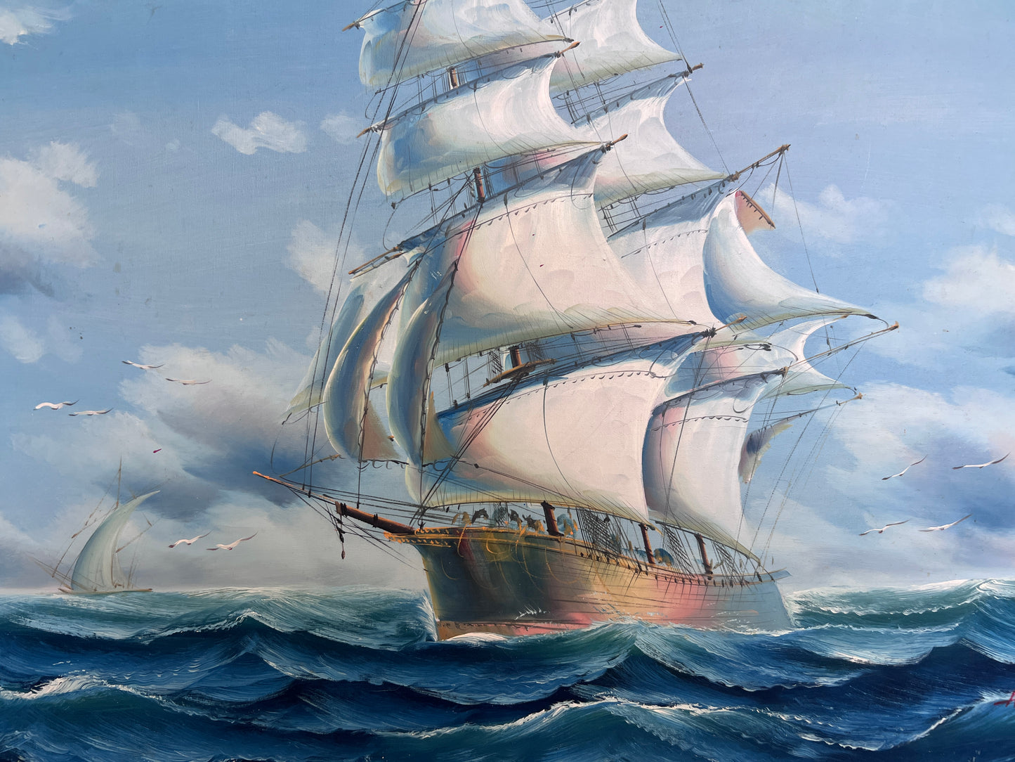 Original Oil painting on canvas seascape, Sailing Ship, signed Also, Gold Frame