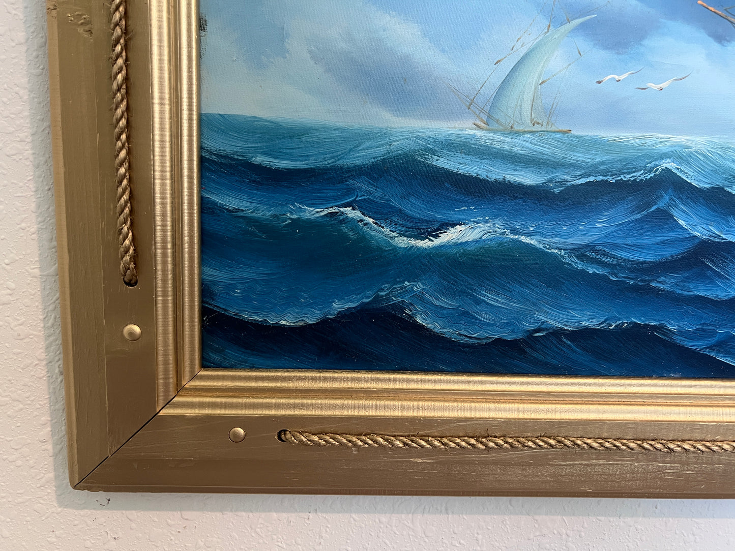 Original Oil painting on canvas seascape, Sailing Ship, signed Also, Gold Frame