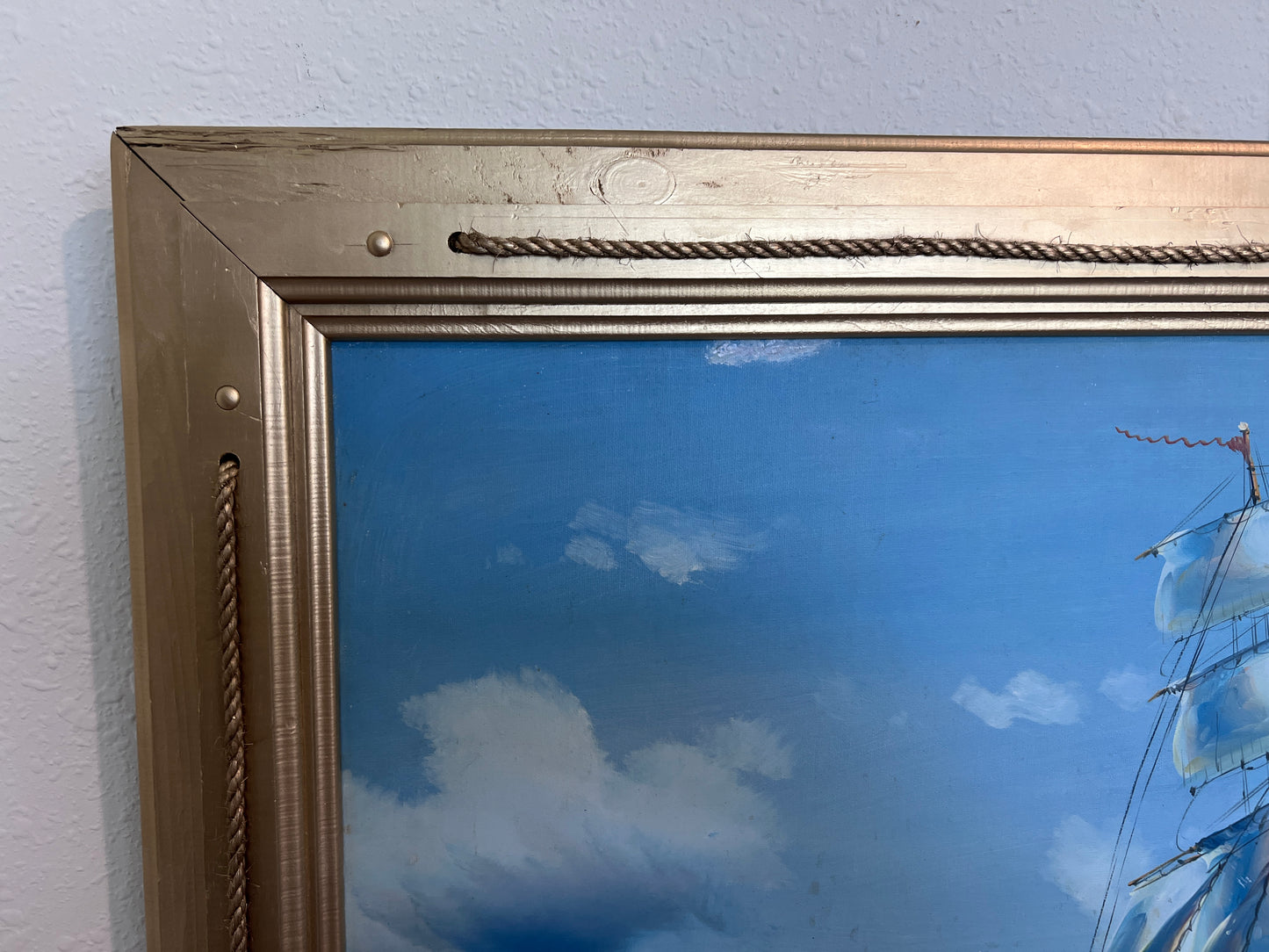 Original Oil painting on canvas seascape, Sailing Ship, signed Also, Gold Frame