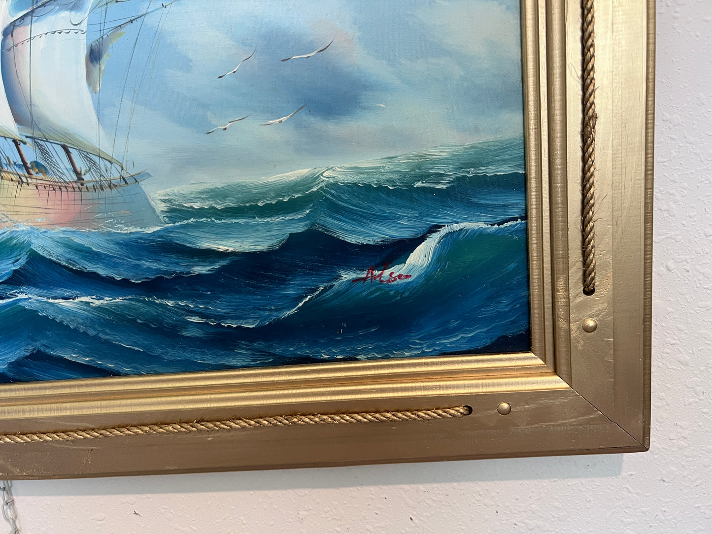 Original Oil painting on canvas seascape, Sailing Ship, signed Also, Gold Frame