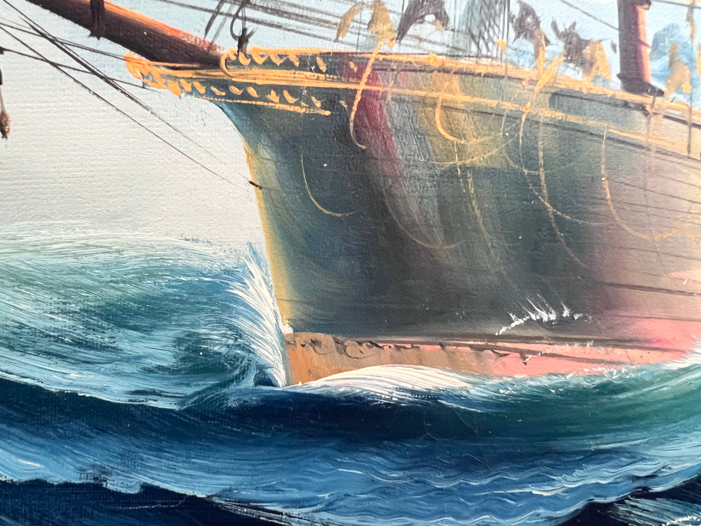 Original Oil painting on canvas seascape, Sailing Ship, signed Also, Gold Frame