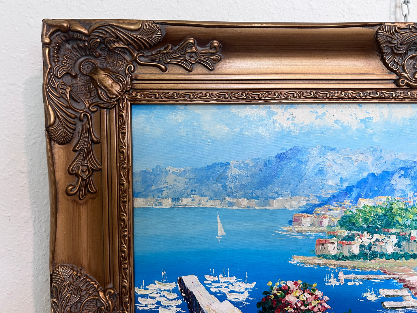 Italian Artist Burett Mediterranean Coastal Landscape painting, Gold Frame