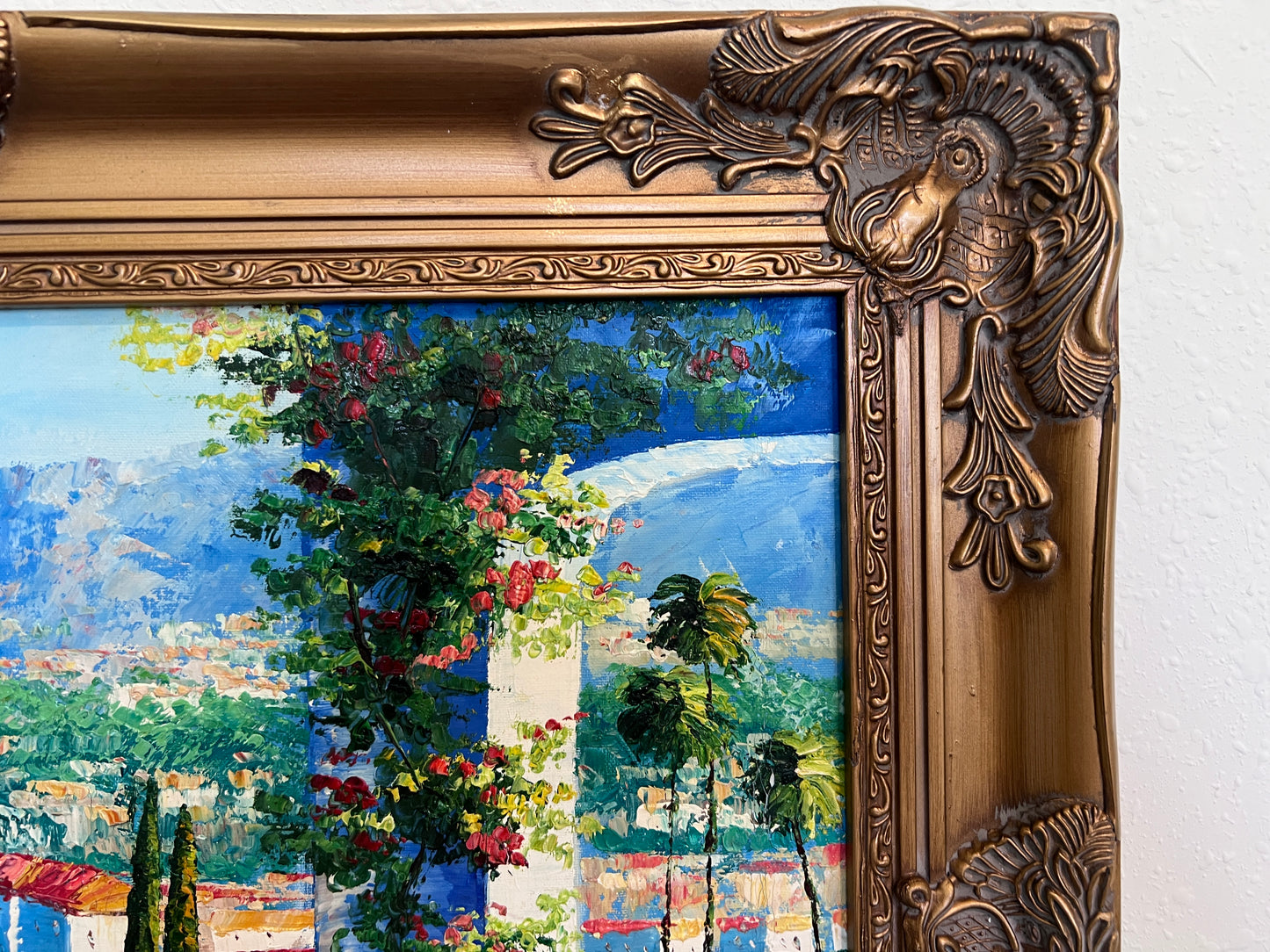 Italian Artist Burett Mediterranean Coastal Landscape painting, Gold Frame
