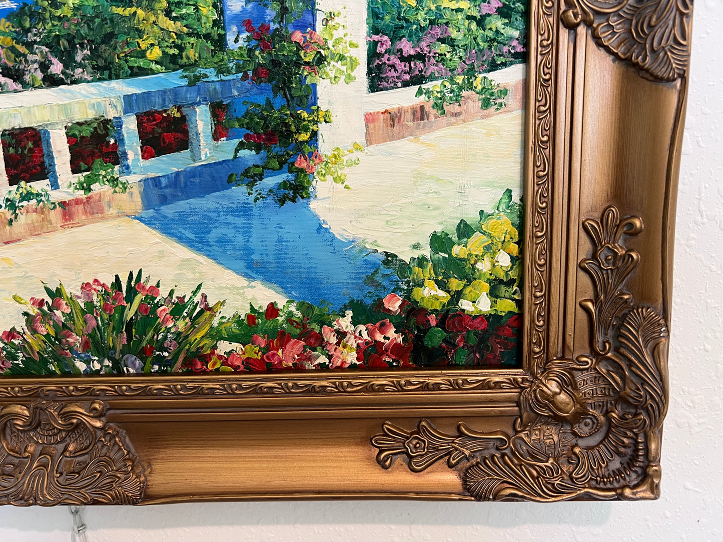 Italian Artist Burett Mediterranean Coastal Landscape painting, Gold Frame