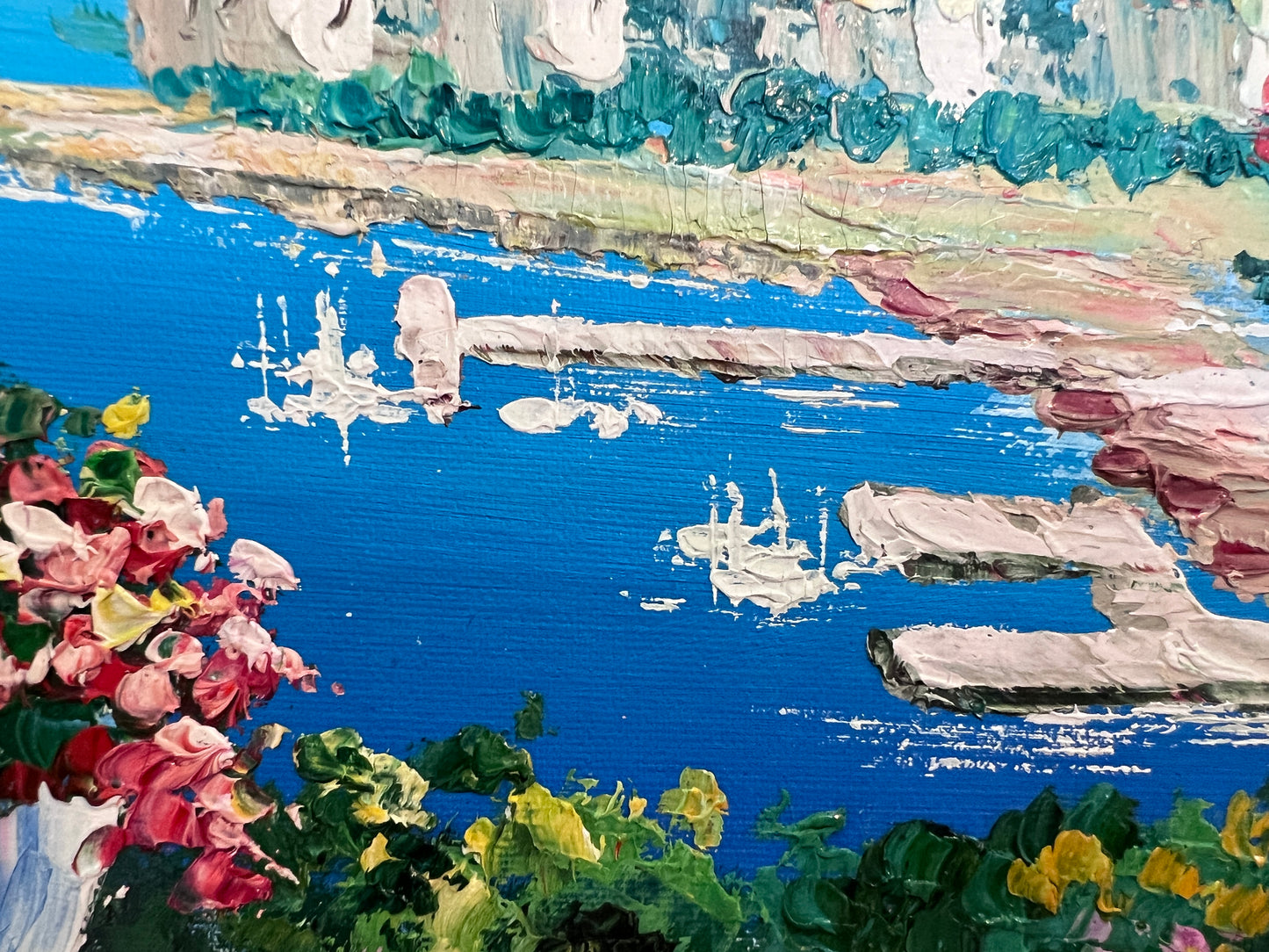 Italian Artist Burett Mediterranean Coastal Landscape painting, Gold Frame