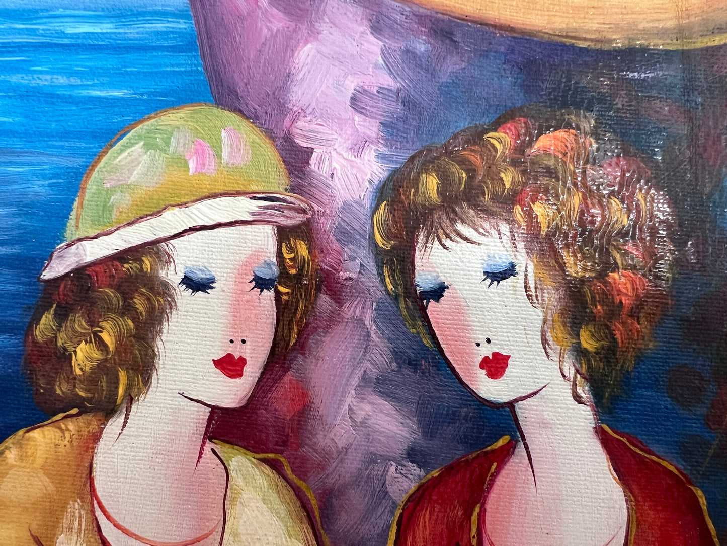 Seaside Café Scene – Figurative Impressionist Oil on canvas Signed, Ornate Frame