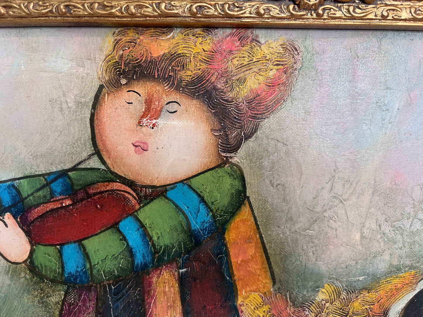 Oil Painting – Whimsical Musicians Trio – Signed, Gold Frame